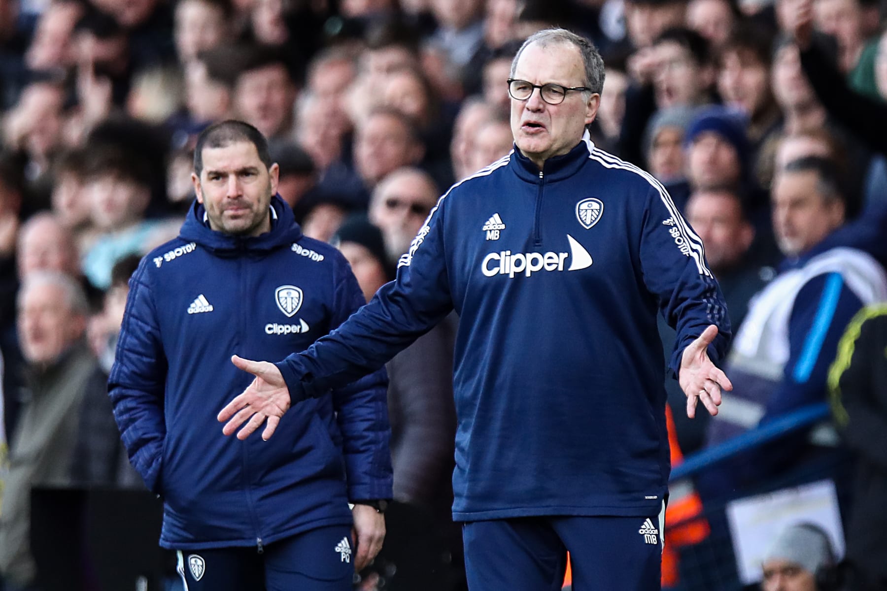 LEEDS, ENGLAND - FEBRUARY 26: Marcelo Bielsa the head coach / manager of Leeds United reacts during the Premier League match between Leeds United and Tottenham Hotspur at Elland Road on February 26, 2022 in Leeds, United Kingdom. (Photo by Robbie Jay Barratt - AMA/Getty Images)