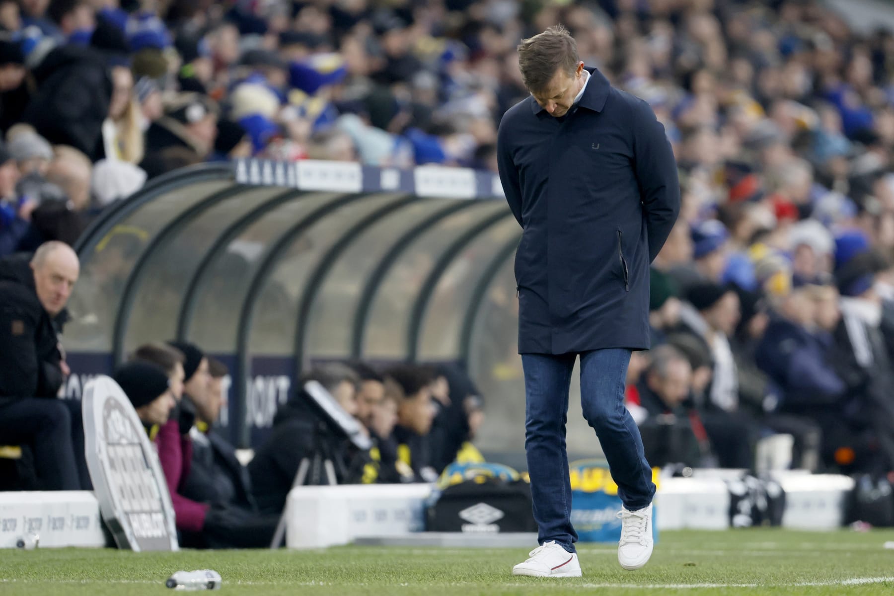LEEDS, ENGLAND - JANUARY 22: Jesse Marsch, Manager of Leeds United looks dejected during the Premier League match between Leeds United and Brentford FC at Elland Road on January 22, 2023 in Leeds, United Kingdom. (Photo by Richard Sellers/Getty Images)