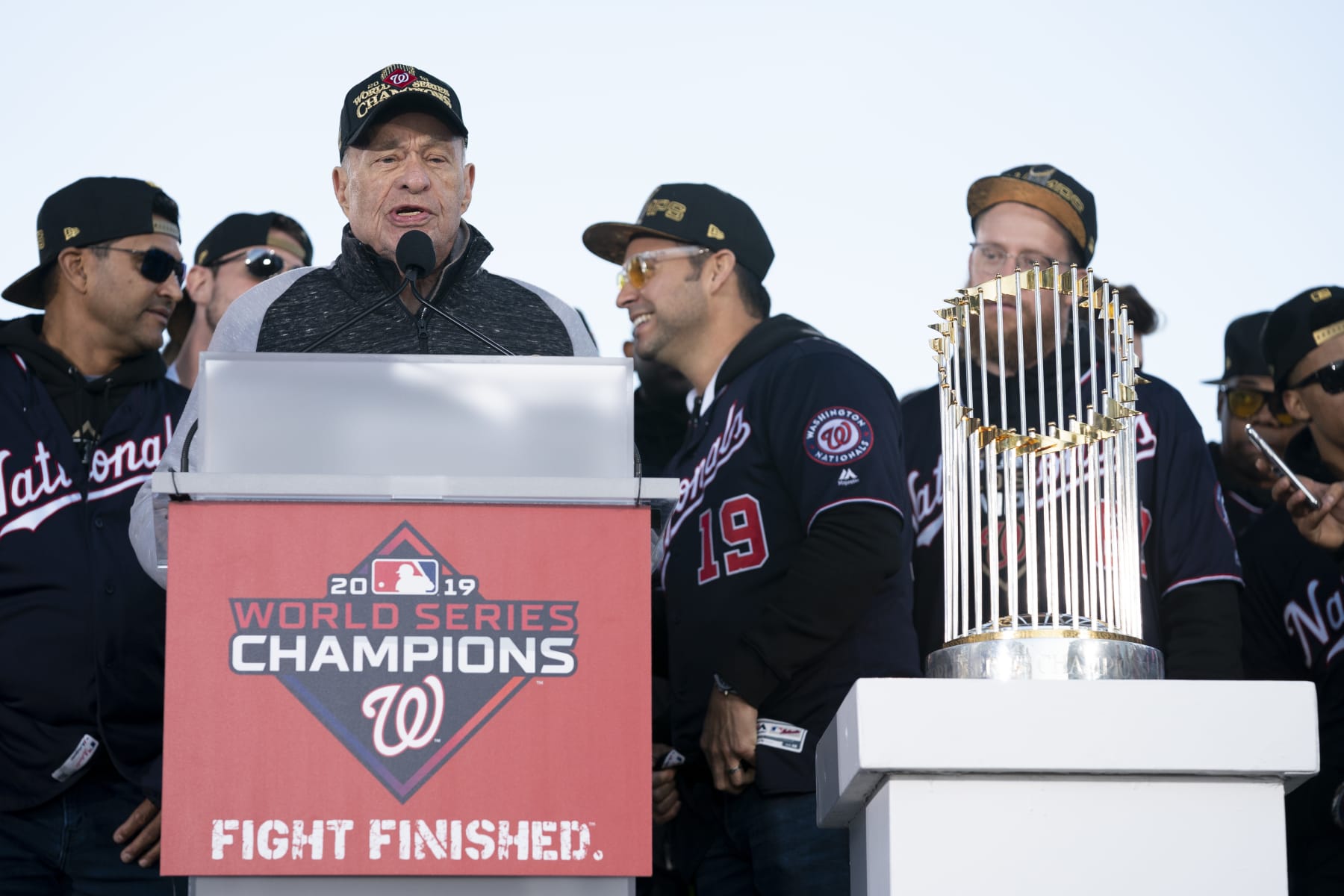 WASHINGTON, DC - NOVEMBER 02: Washington Nationals owner Ted Lerner speaks during a parade to celebrate the Washington Nationals World Series victory over the Houston Astros on November 2, 2019 in Washington, DC. This is the first World Series win for the Nationals in 95 years. (Photo by Patrick McDermott/Getty Images)