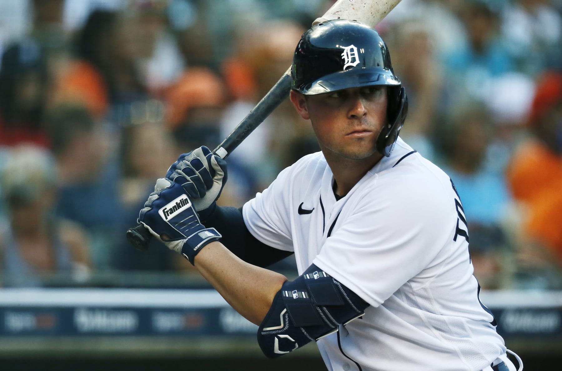 DETROIT, MI - SEPTEMBER 3: Spencer Torkelson #20 of the Detroit Tigers wears Franklin batting gloves during a game against the Kansas City Royals at Comerica Park on September 3, 2022, in Detroit, Michigan. (Photo by Duane Burleson/Getty Images)