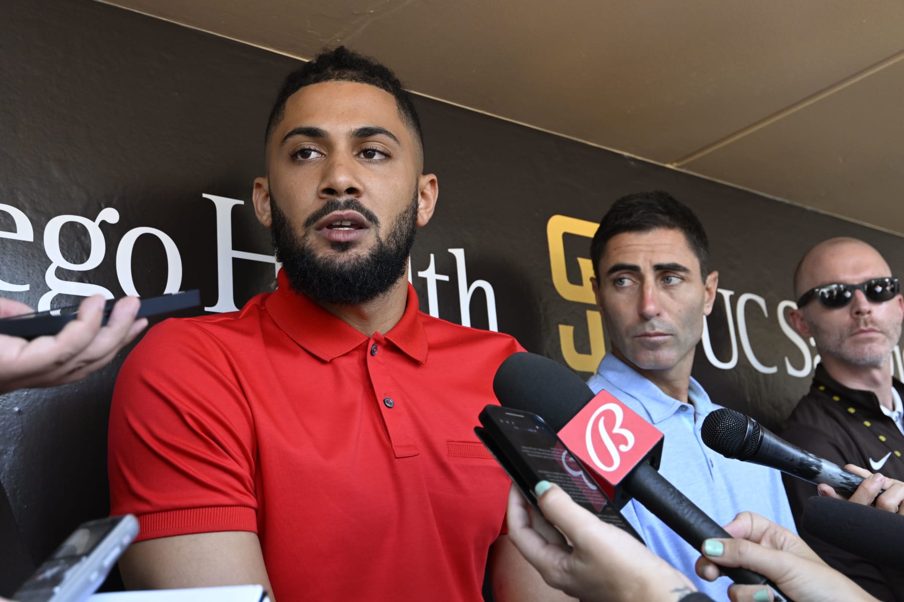 SAN DIEGO, CA - AUGUST 23: Fernando Tatis Jr. #23 of the San Diego Padres answers a question during a news conference before a game against the Cleveland Guardians August 23, 2022 at Petco Park in San Diego, California. (Photo by Denis Poroy/Getty Images)