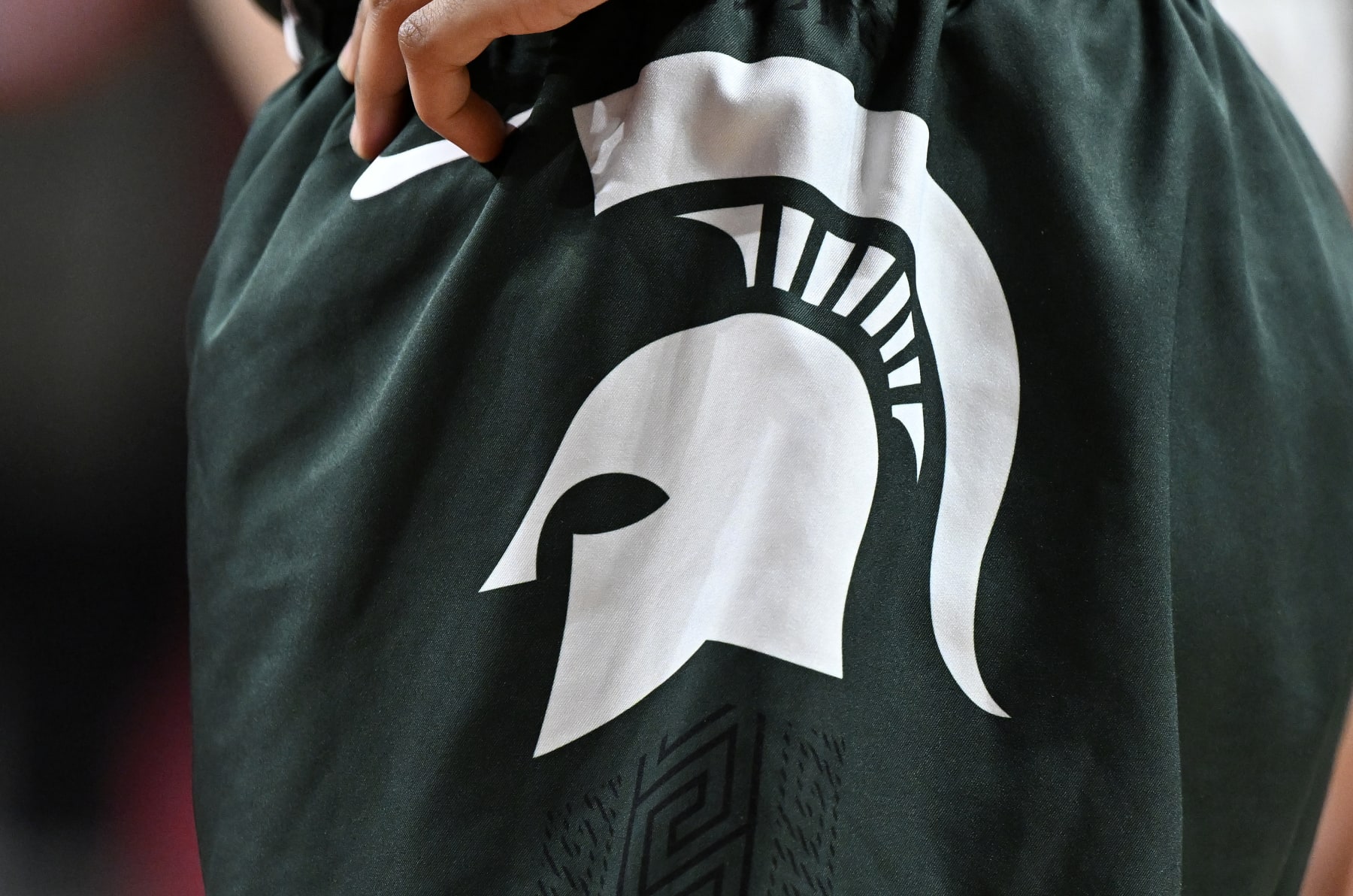 COLLEGE PARK, MARYLAND - JANUARY 07: A view of the Michigan State Spartans logo on their uniform during the game against the Maryland Terrapins at Xfinity Center on January 07, 2023 in College Park, Maryland. (Photo by G Fiume/Getty Images)