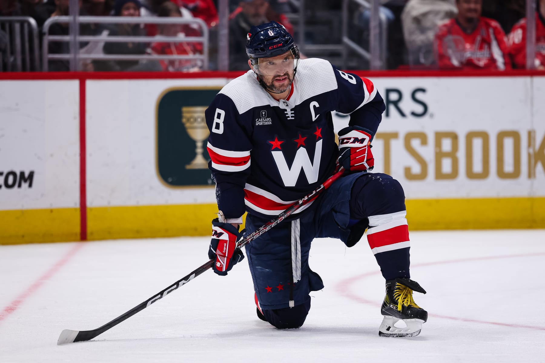 WASHINGTON, DC - FEBRUARY 12: Alex Ovechkin #8 of the Washington Capitals looks on after a San Jose Sharks goal during the third period of the game at Capital One Arena on February 12, 2023 in Washington, DC. (Photo by Scott Taetsch/Getty Images)