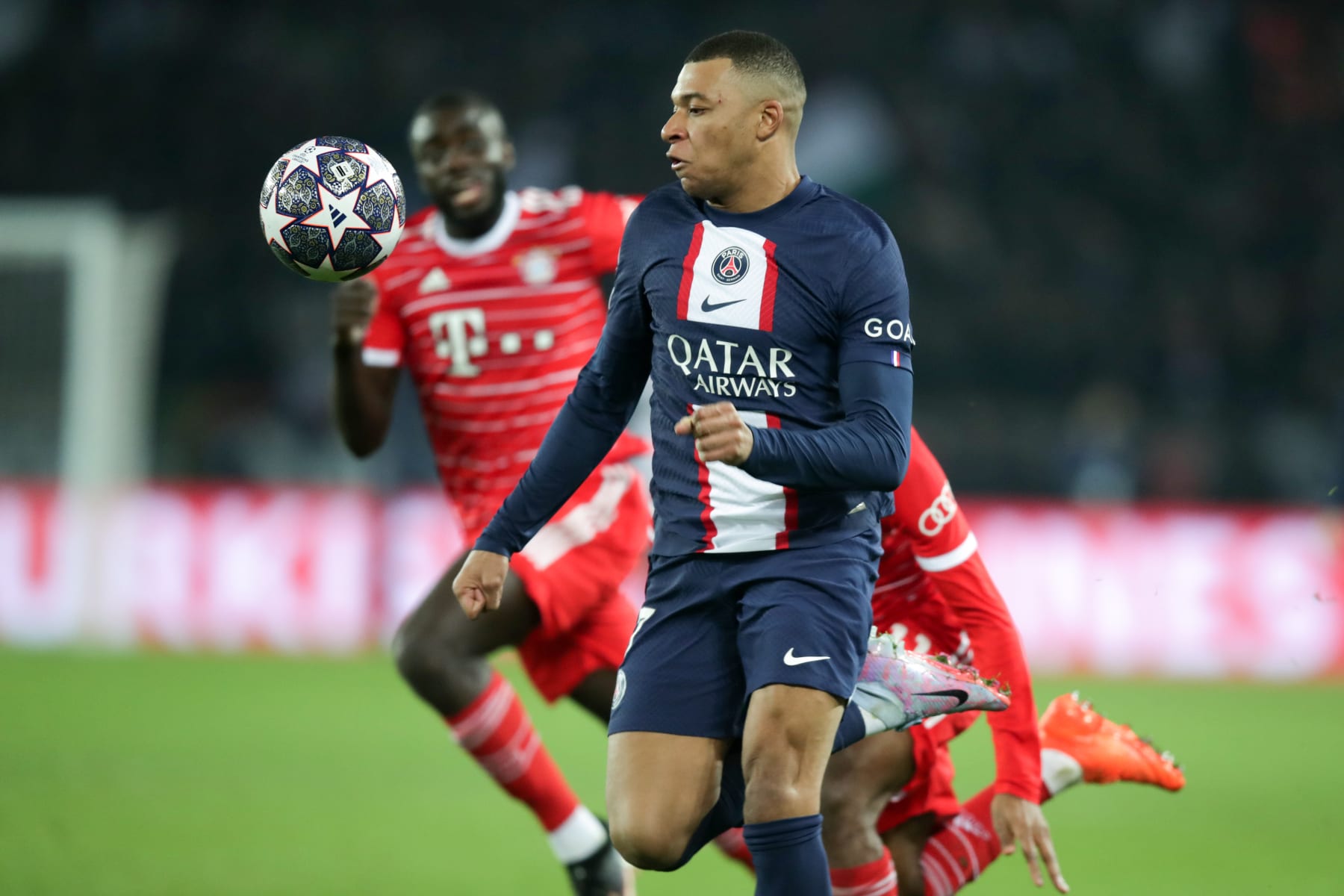 PARIS, FRANCE - FEBRUARY 14: Kylian Mbappe of FC Paris Saint Germain runs with a ball during the UEFA Champions League round of 16 leg one match between Paris Saint-Germain and FC Bayern München at Parc des Princes on February 14, 2023 in Paris, France. (Photo by Christina Pahnke - sampics/Corbis via Getty Images)