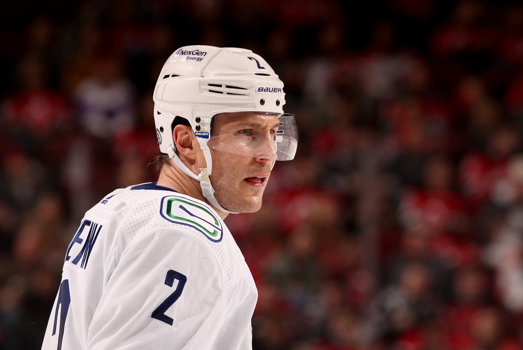 NEWARK, NEW JERSEY - FEBRUARY 06: Luke Schenn #2 of the Vancouver Canucks looks on during a stop in play in the third period against the New Jersey Devils at Prudential Center on February 06, 2023 in Newark, New Jersey. The New Jersey Devils defeated the Vancouver Canucks 5-4 in overtime. (Photo by Elsa/Getty Images)