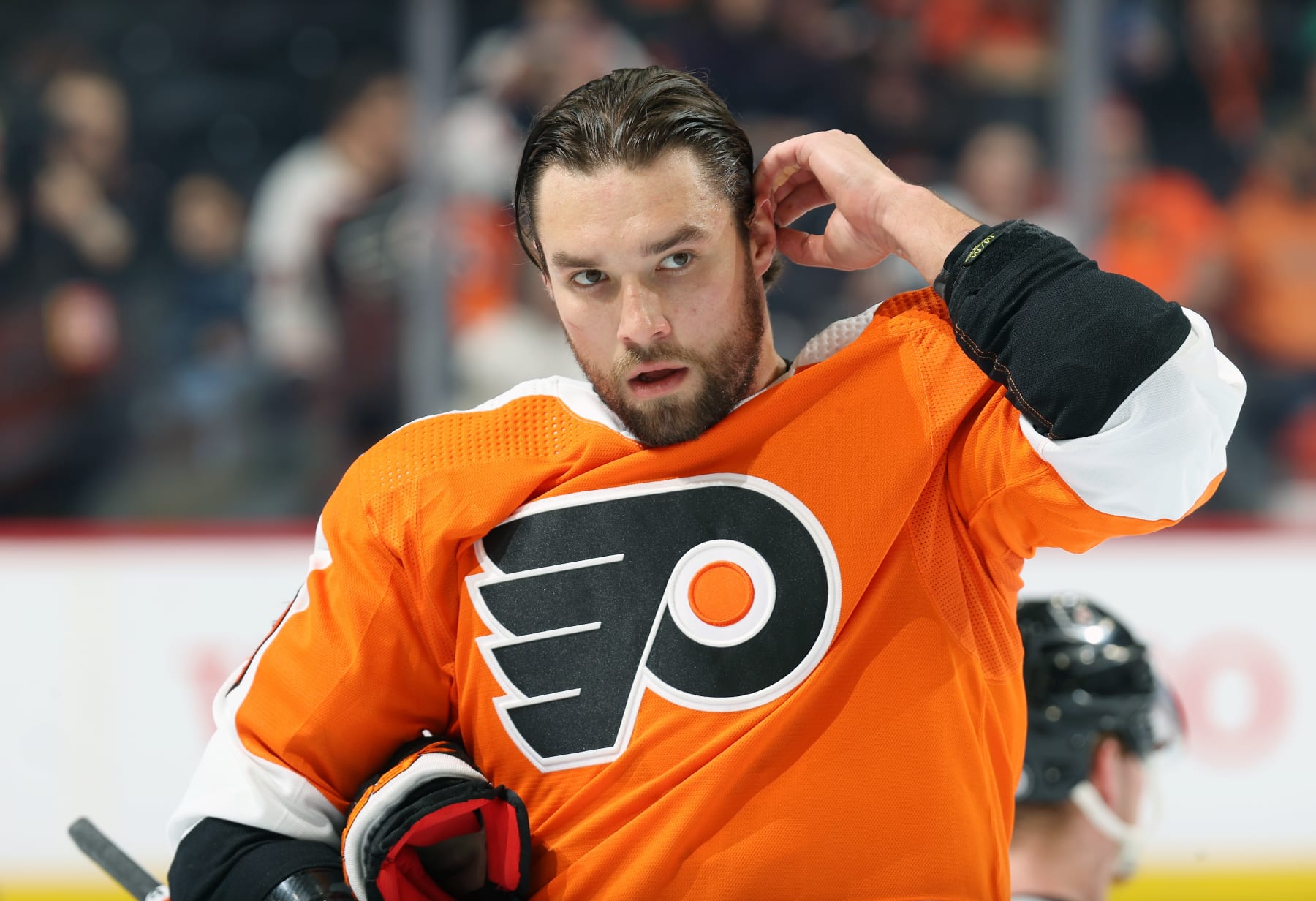 PHILADELPHIA, PENNSYLVANIA - JANUARY 11: Ivan Provorov #9 of the Philadelphia Flyers looks on during warm-ups prior to his game against the Washington Capitals at the Wells Fargo Center on January 11, 2023 in Philadelphia, Pennsylvania. (Photo by Len Redkoles/NHLI via Getty Images)