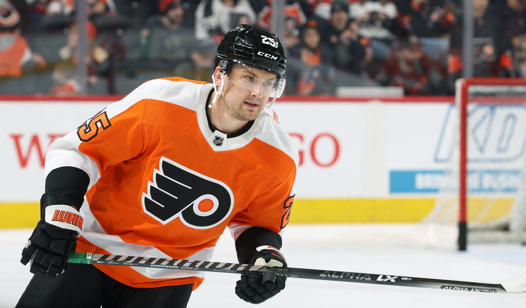 PHILADELPHIA, PENNSYLVANIA - FEBRUARY 06: James van Riemsdyk #25 of the Philadelphia Flyers skates during warm-ups prior to his game against the New York Islanders at the Wells Fargo Center on February 6, 2023 in Philadelphia, Pennsylvania. (Photo by Len Redkoles/NHLI via Getty Images)