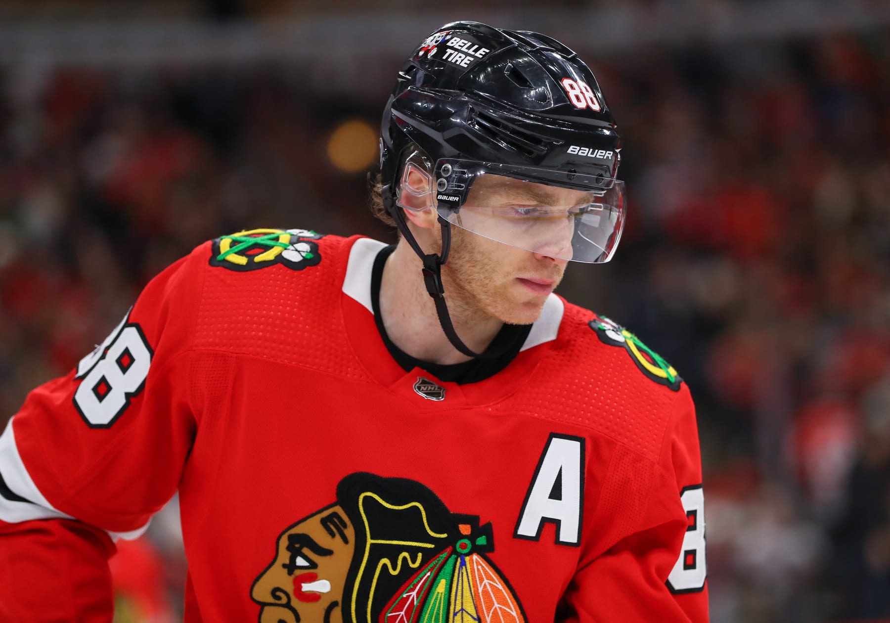 CHICAGO, IL - JANUARY 22: Chicago Blackhawks Right Wing Patrick Kane (88) looks on during a game between the Los Angeles Kings and the Chicago Blackhawks on January 22, 2023 at the United Center in Chicago, IL. (Photo by Melissa Tamez/Icon Sportswire via Getty Images)