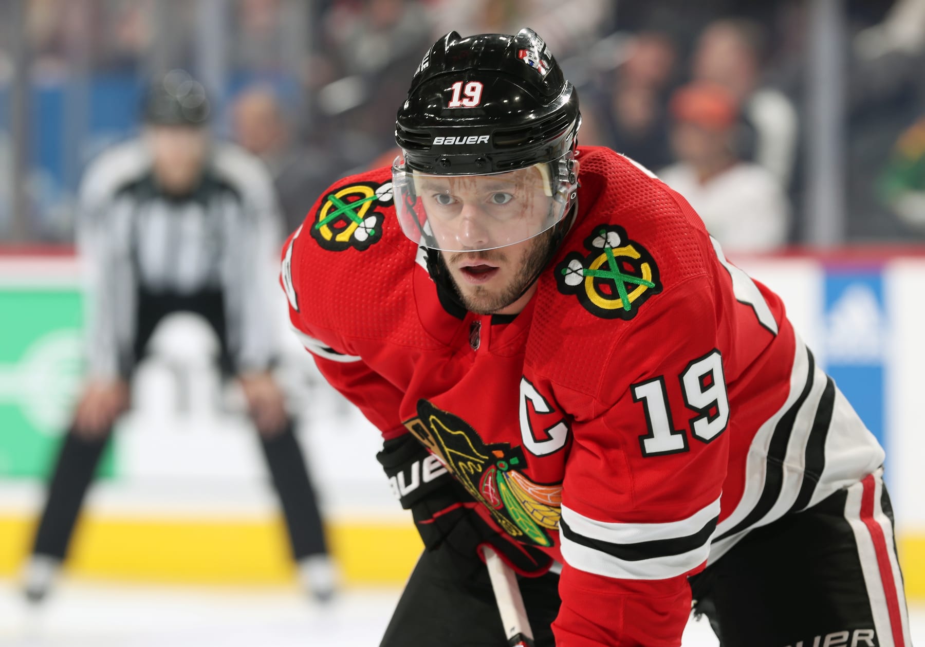PHILADELPHIA, PENNSYLVANIA - JANUARY 19: Jonathan Toews #19 of the Chicago Blackhawks looks on against the Philadelphia Flyers at the Wells Fargo Center on January 19, 2023 in Philadelphia, Pennsylvania. (Photo by Len Redkoles/NHLI via Getty Images)