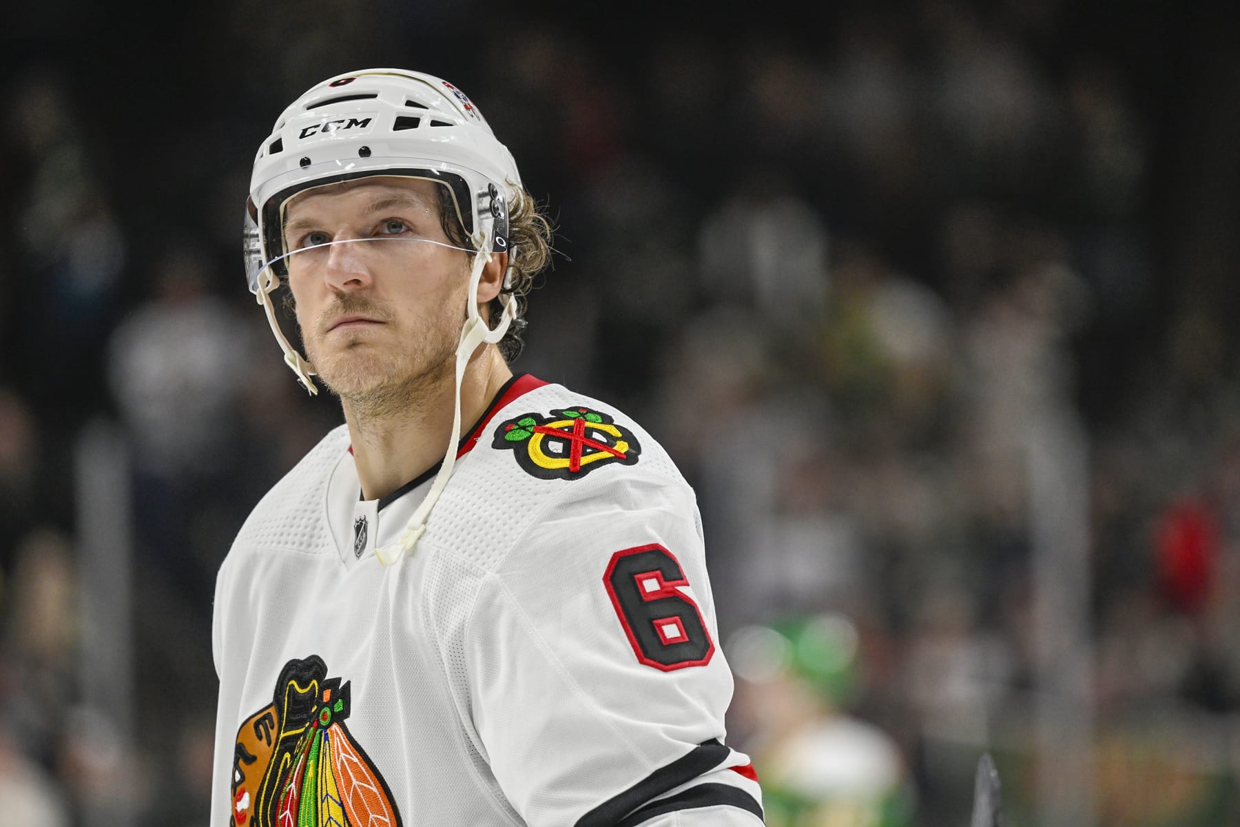 ST. PAUL - DECEMBER 16: Chicago Blackhawks Defenceman Jake McCabe (6) takes a breather during a game between the Minnesota Wild and Chicago Blackhawks on December 16, 2022, at Xcel Energy Center in St. Paul, MN.(Photo by Nick Wosika/Icon Sportswire via Getty Images)
