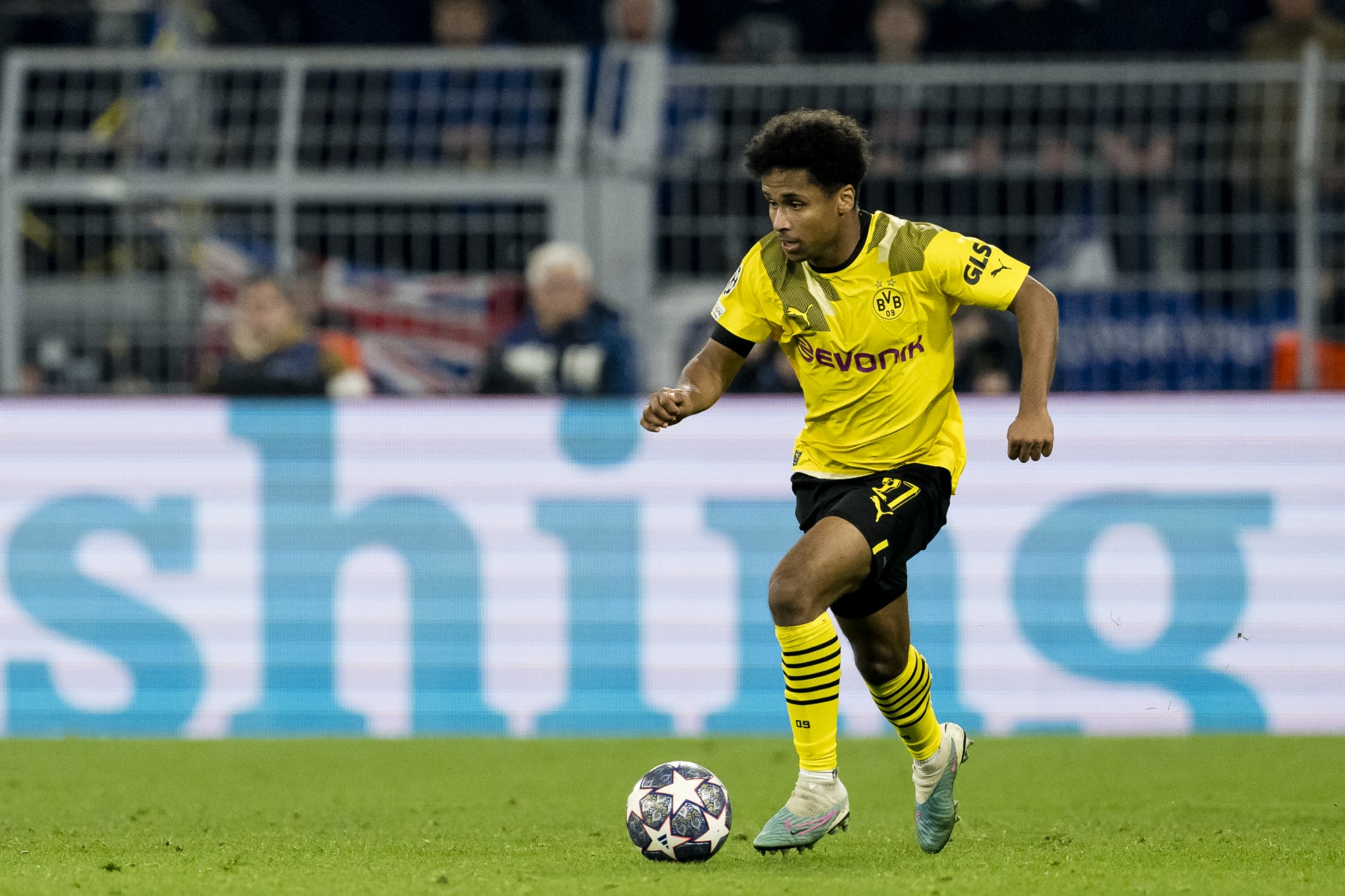 DORTMUND, GERMANY - FEBRUARY 15: Karim Adeyemi of Borussia Dortmund during the UEFA Champions League round of 16 leg one match between Borussia Dortmund and Chelsea FC at Signal Iduna Park on February 15, 2023 in Dortmund, Germany. (Photo by Alexandre Simoes/Borussia Dortmund via Getty Images)