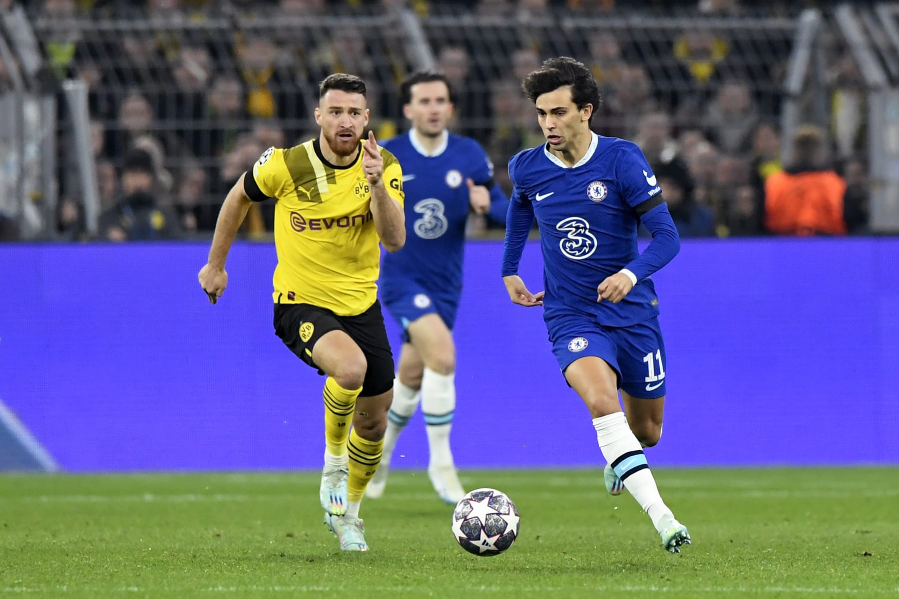 DORTMUND, GERMANY - FEBRUARY 15: (L-R) Salih Ozcan of Borussia Dortmund, Joao Felix of Chelsea during the UEFA Champions League match between Borussia Dortmund v Chelsea at the Signal Iduna Park on February 15, 2023 in Dortmund Germany (Photo by Dennis Bresser/Soccrates/Getty Images)