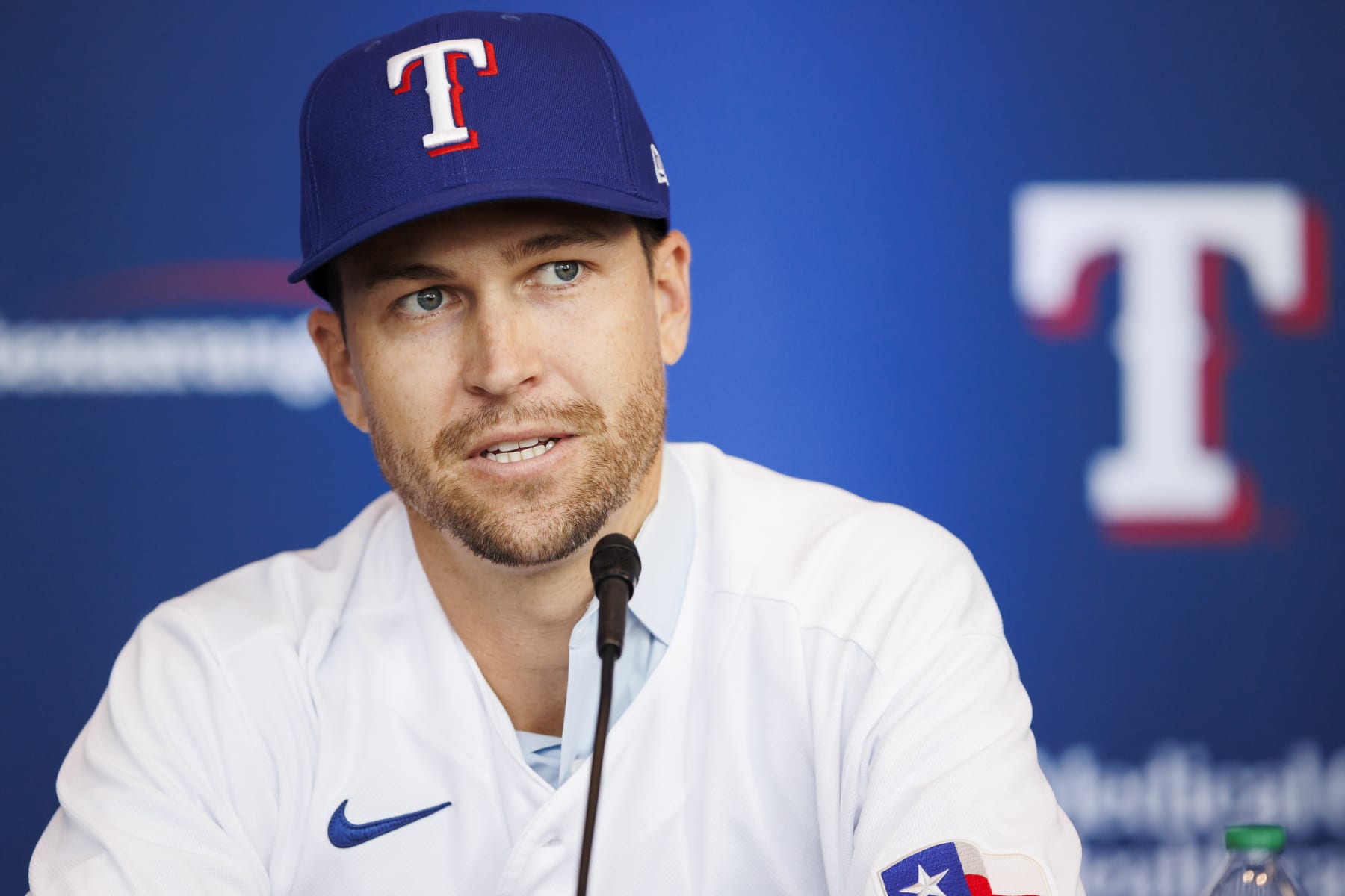 ARLINGTON, TX - DECEMBER 08: Jacob deGrom #48 of the Texas Rangers addresses the media at an introductory press conference at Globe Life Field on December 8, 2022 in Arlington, Texas. (Photo by Ben Ludeman/Texas Rangers/Getty Images)