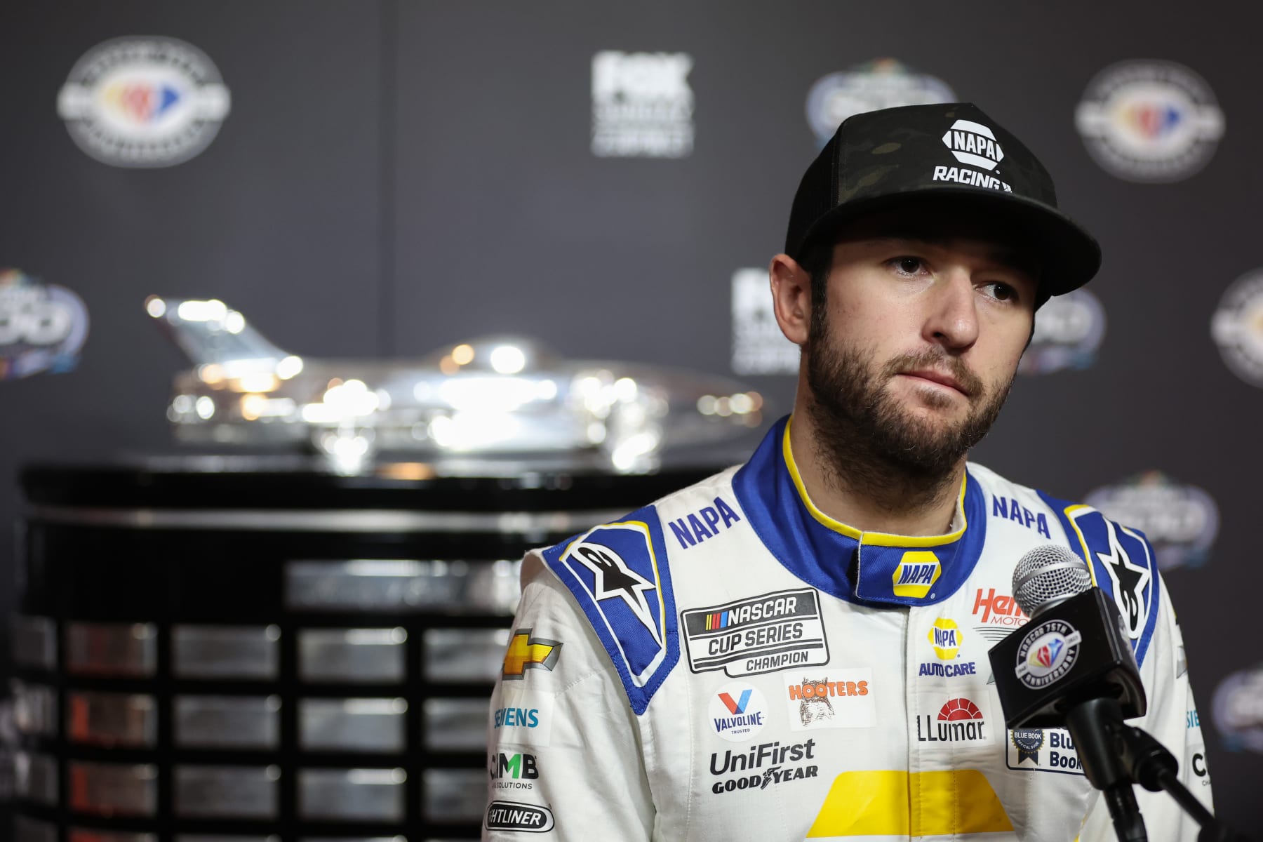 DAYTONA BEACH, FLORIDA - FEBRUARY 15: Chase Elliott, driver of the #9 NAPA Auto Parts Chevrolet, speaks to the media during the NASCAR Cup Series 65th Annual Daytona 500 Media Day at Daytona International Speedway on February 15, 2023 in Daytona Beach, Florida. (Photo by James Gilbert/Getty Images)