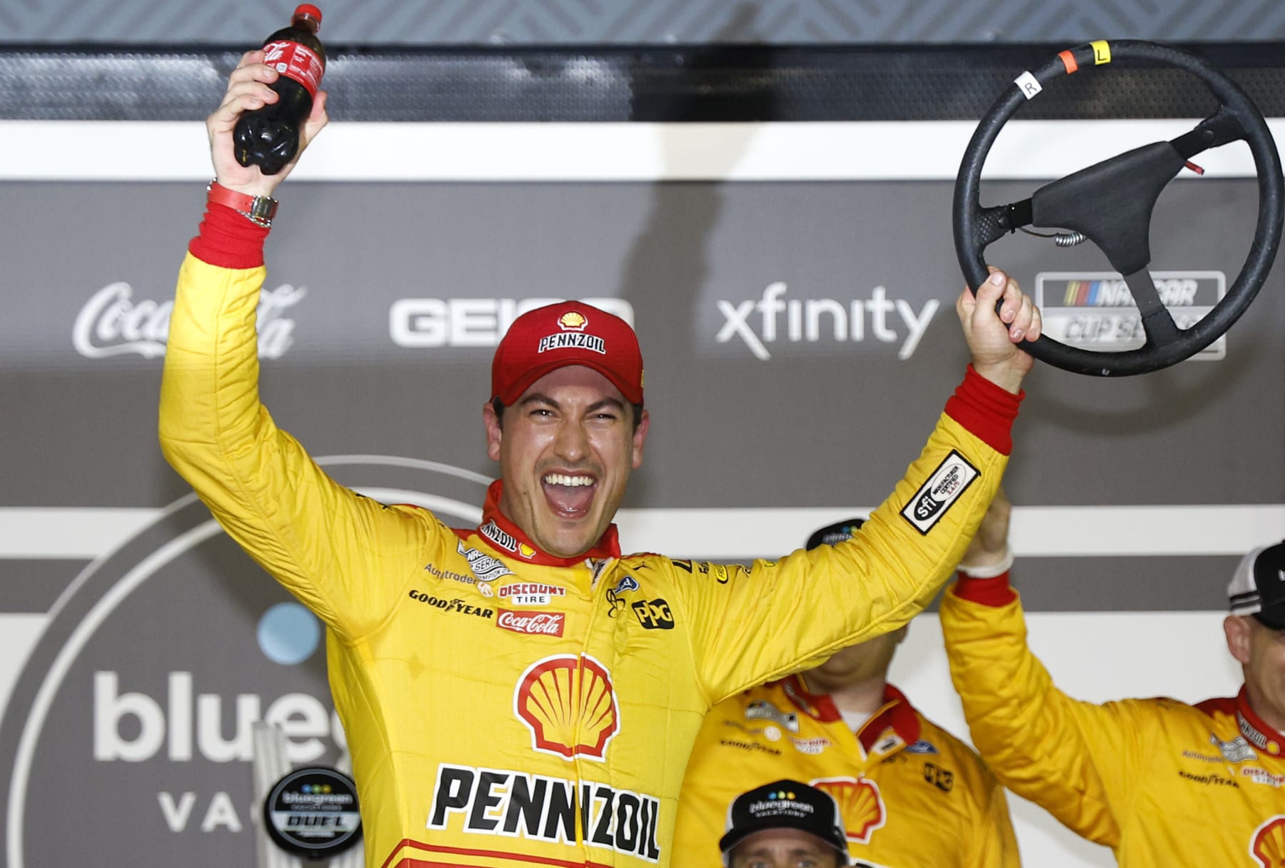 DAYTONA BEACH, FLORIDA - FEBRUARY 16: Joey Logano, driver of the #22 Shell Pennzoil Ford, celebrates in victory lane after winning the NASCAR Cup Series Bluegreen Vacations Duel #1 at Daytona International Speedway on February 16, 2023 in Daytona Beach, Florida. (Photo by Chris Graythen/Getty Images)