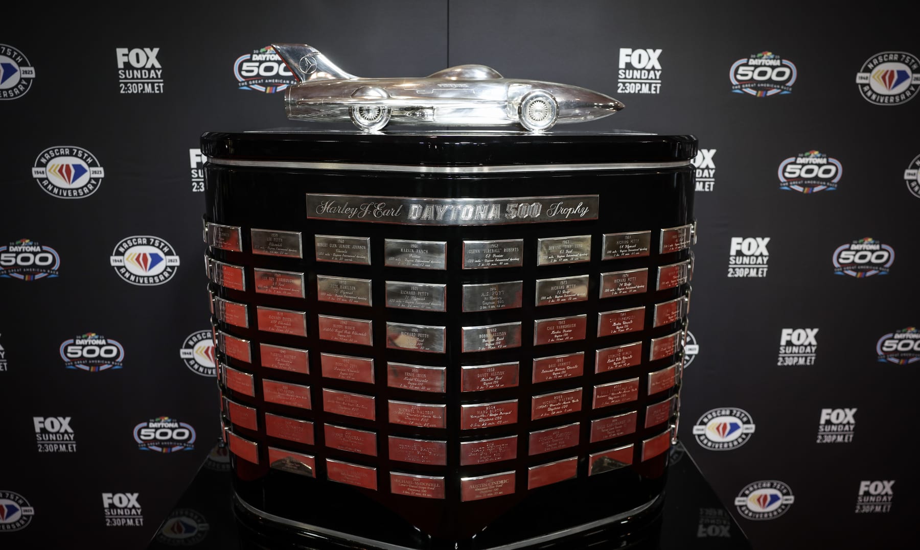 DAYTONA BEACH, FLORIDA - FEBRUARY 15: The Harley J. Earl Trophy is seen during the NASCAR Cup Series 65th Annual Daytona 500 Media Day at Daytona International Speedway on February 15, 2023 in Daytona Beach, Florida. (Photo by James Gilbert/Getty Images)