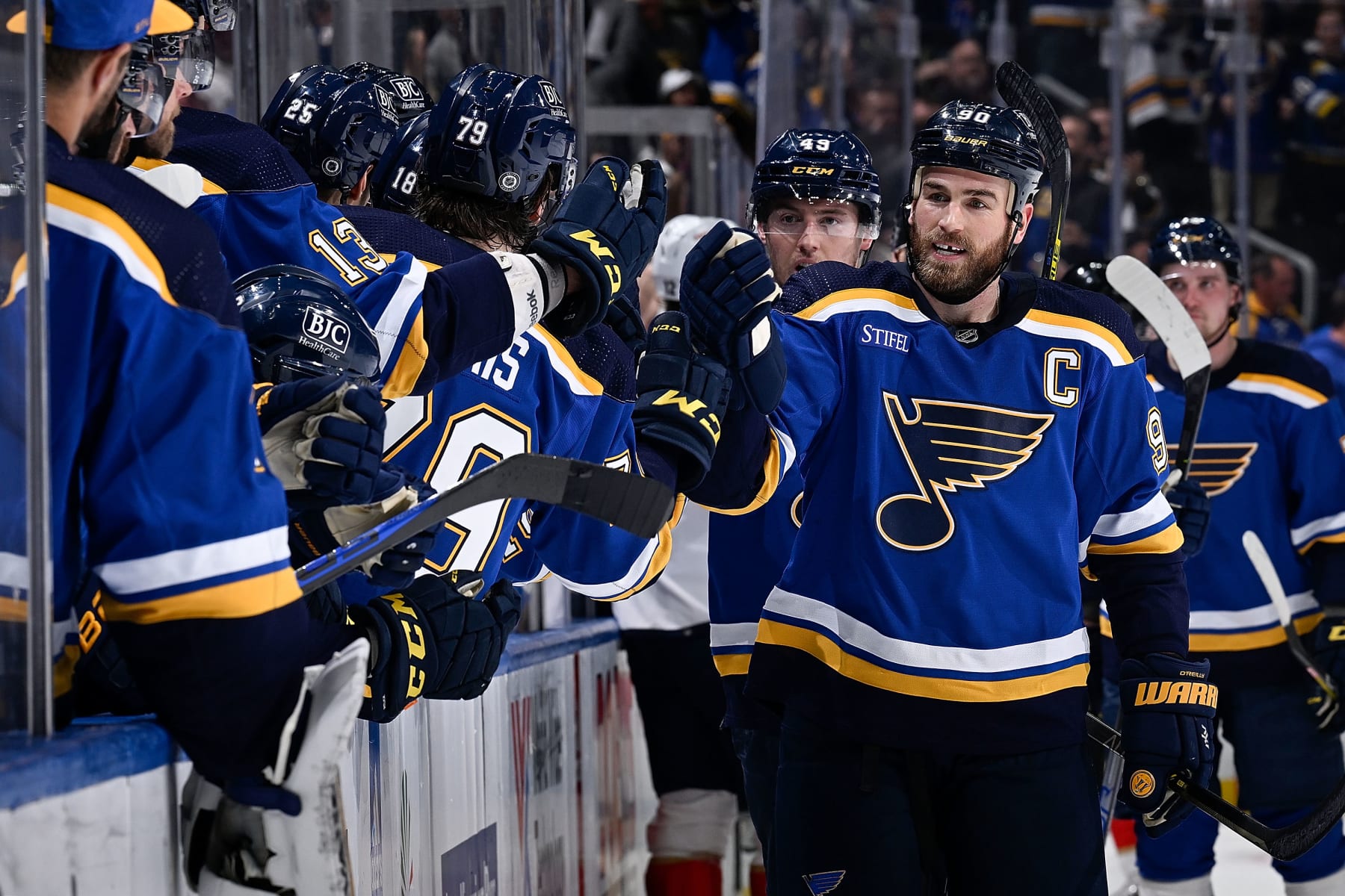 ST. LOUIS, MO - FEBRUARY 14: Ryan O'Reilly #90 of the St. Louis Blues is congratulated after scoring a goal against the Florida Panthers at the Enterprise Center on February 14, 2023 in St. Louis, Missouri. (Photo by Scott Rovak/NHLI via Getty Images)