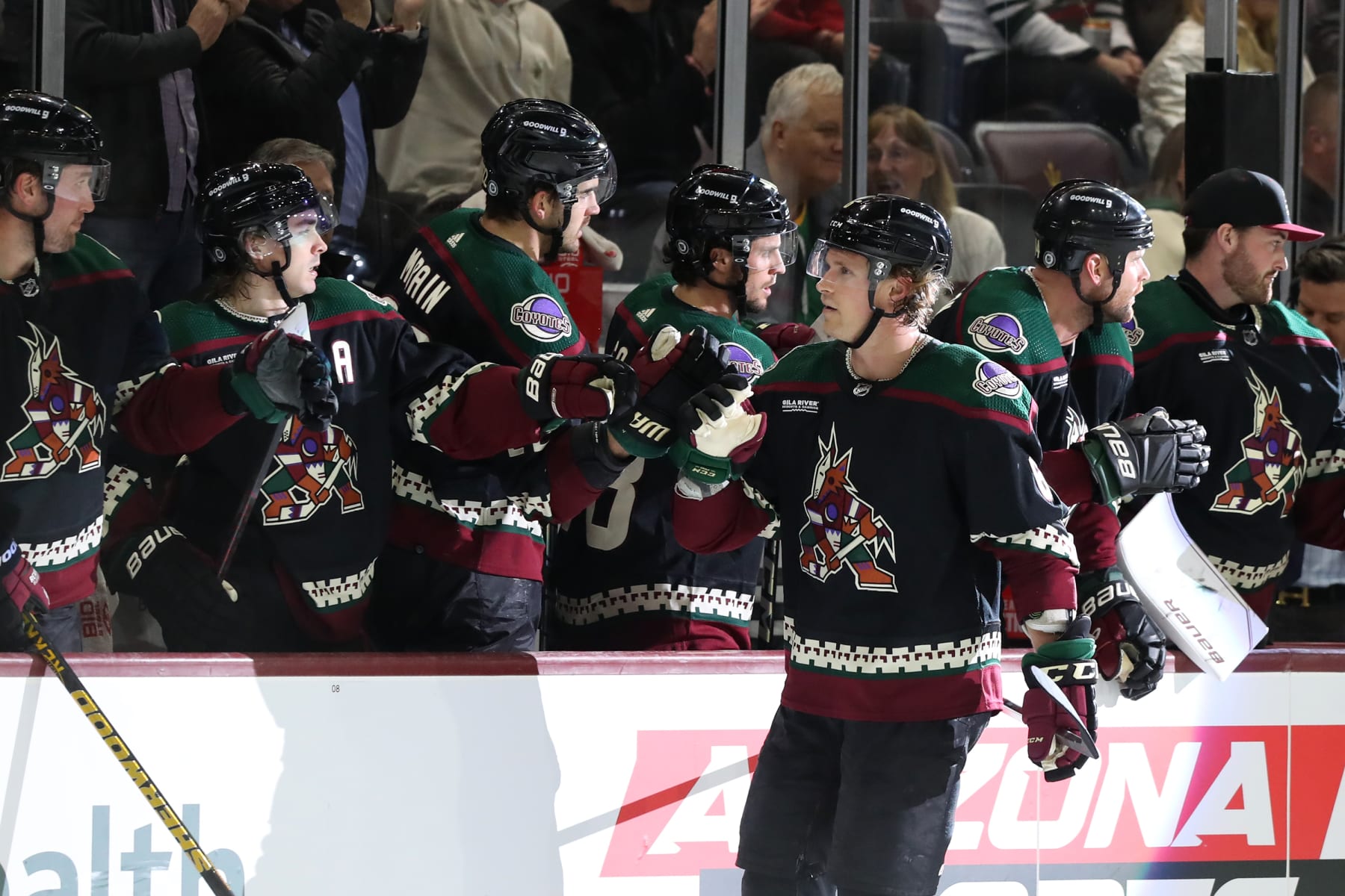 TEMPE, AZ - FEBRUARY 06: Arizona Coyotes defenseman Jakob Chychrun (6) celebrates a goal with the Arizona Coyotes bench during the second period of a Hockey game between the Minnesota Wild and Arizona Coyotes on February 6th, 2023, at Mullett Arena in Tempe, AZ. (Photo by Zac BonDurant/Icon Sportswire via Getty Images) TEMPE, AZ - FEBRUARY 06: Arizona Coyotes defenseman Jakob Chychrun (6) celebrates a goal with the Arizona Coyotes bench during the second period of a Hockey game between the Minnesota Wild and Arizona Coyotes on February 6th, 2023, at Mullett Arena in Tempe, AZ. (Photo by Zac BonDurant/Icon Sportswire via Getty Images)
