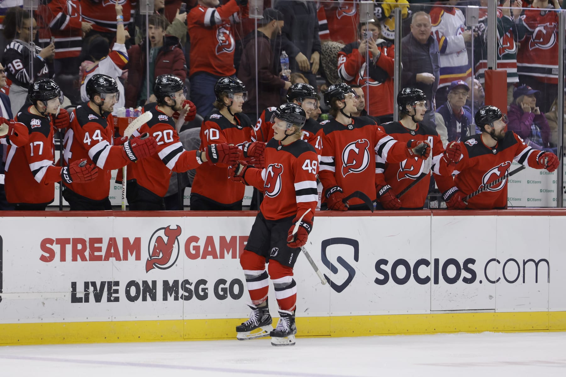 NEWARK, NEW JERSEY - FEBRUARY 19: Fabian Zetterlund #49 of the New Jersey Devils celebrates with teammates after scoring a goal against the Winnipeg Jets during the third period at Prudential Center on February 19, 2023 in Newark, New Jersey. (Photo by Josh Lobel/NHLI via Getty Images) NEWARK, NEW JERSEY - FEBRUARY 19: Fabian Zetterlund #49 of the New Jersey Devils celebrates with teammates after scoring a goal against the Winnipeg Jets during the third period at Prudential Center on February 19, 2023 in Newark, New Jersey. (Photo by Josh Lobel/NHLI via Getty Images)