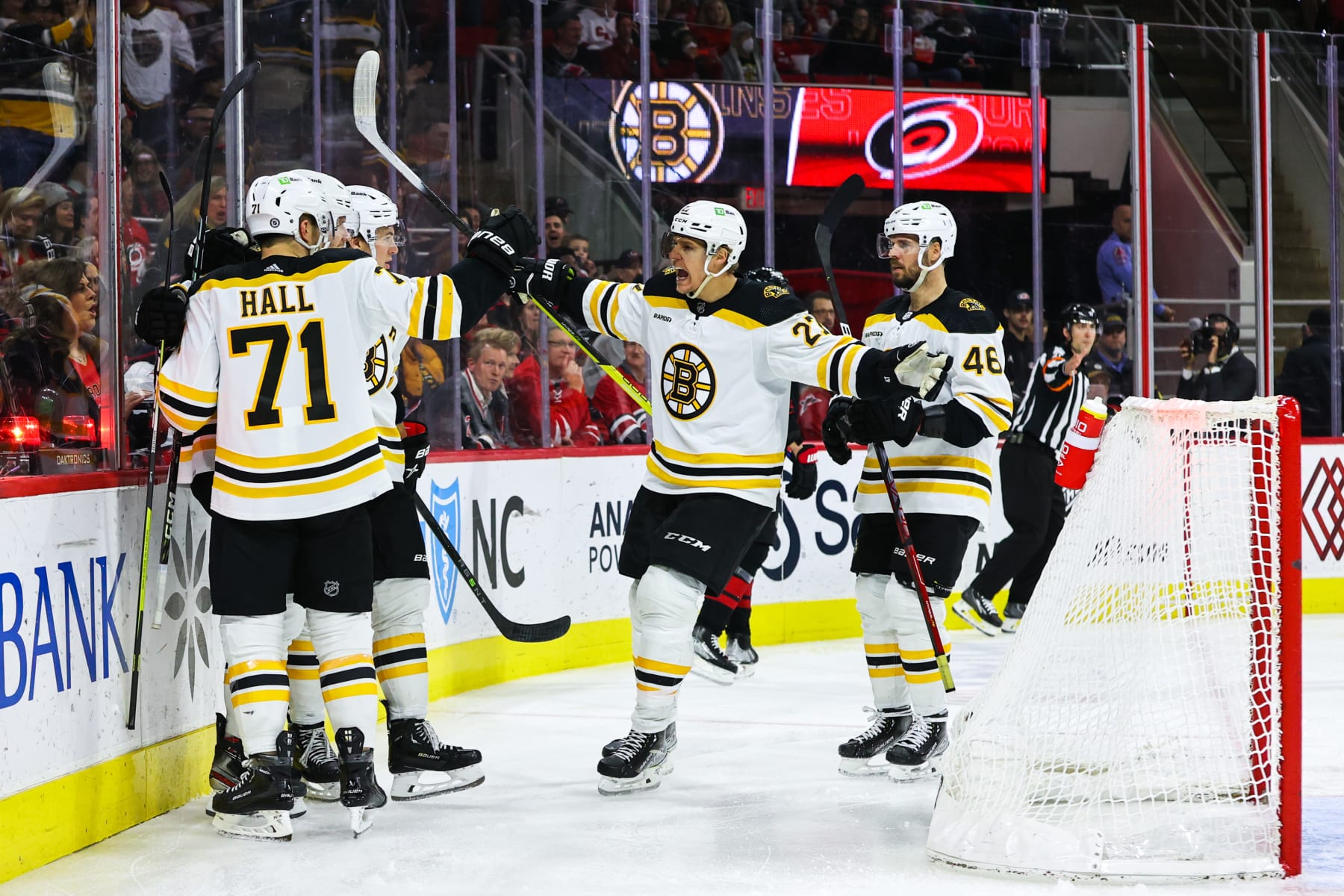 RALEIGH, NC - JANUARY 29: Taylor Hall #71 of the Boston Bruins, Pavel Zacha #18, Hampus Lindholm #27, and David Krejci #46 celebrate a goal during the third period of the game against the Carolina Hurricanes at PNC Arena on January 29, 2023 in Raleigh, North Carolina. (Photo by Jaylynn Nash/Getty Images) RALEIGH, NC - JANUARY 29: Taylor Hall #71 of the Boston Bruins, Pavel Zacha #18, Hampus Lindholm #27, and David Krejci #46 celebrate a goal during the third period of the game against the Carolina Hurricanes at PNC Arena on January 29, 2023 in Raleigh, North Carolina. (Photo by Jaylynn Nash/Getty Images)