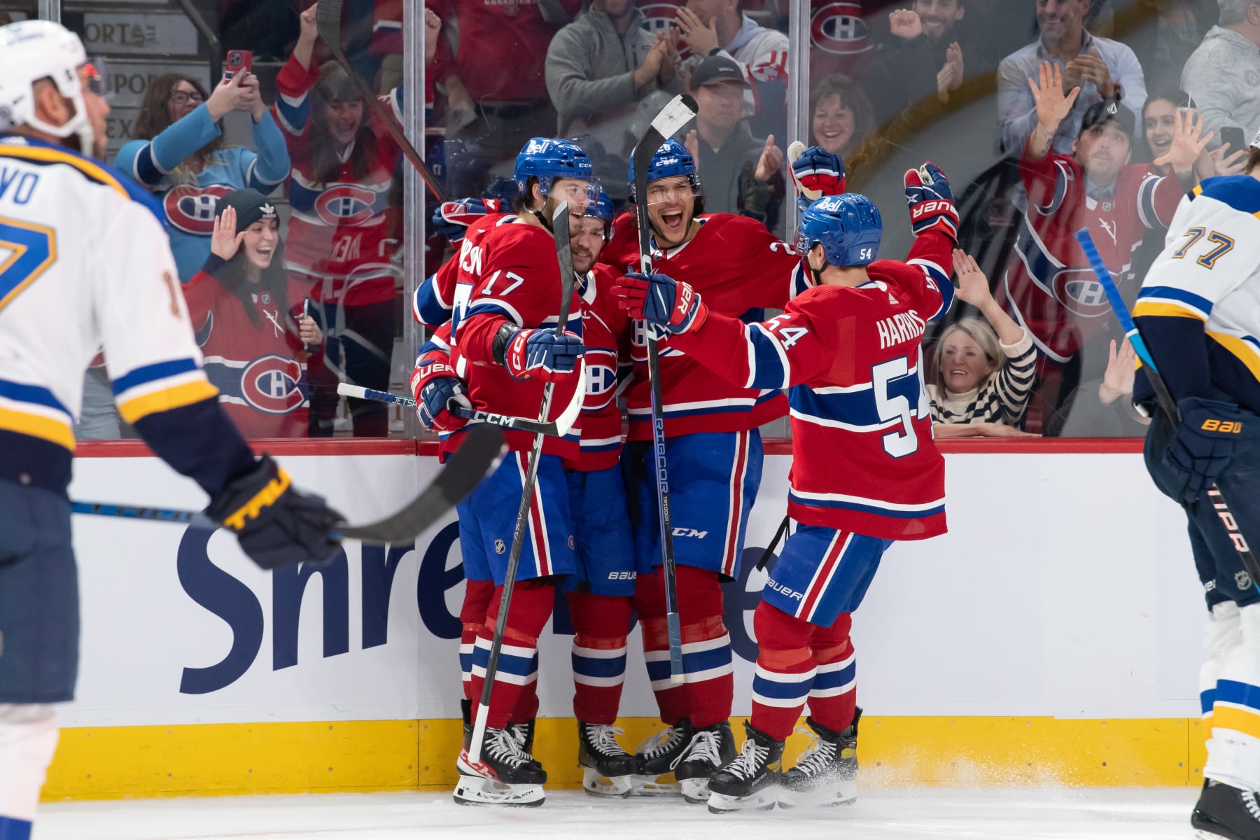 MONTREAL, CANADA - JANUARY 7: Jonathan Drouin #27, Josh Anderson #17 and Johnathan Kovacevic #26 of the Montreal Canadiens celebrate a goal against the St Louis Blues during the first period in the NHL game at the Centre Bell on January 7, 2023 in Montreal, Quebec, Canada. (Photo by Francois Lacasse/NHLI via Getty Images) MONTREAL, CANADA - JANUARY 7: Jonathan Drouin #27, Josh Anderson #17 and Johnathan Kovacevic #26 of the Montreal Canadiens celebrate a goal against the St Louis Blues during the first period in the NHL game at the Centre Bell on January 7, 2023 in Montreal, Quebec, Canada. (Photo by Francois Lacasse/NHLI via Getty Images)