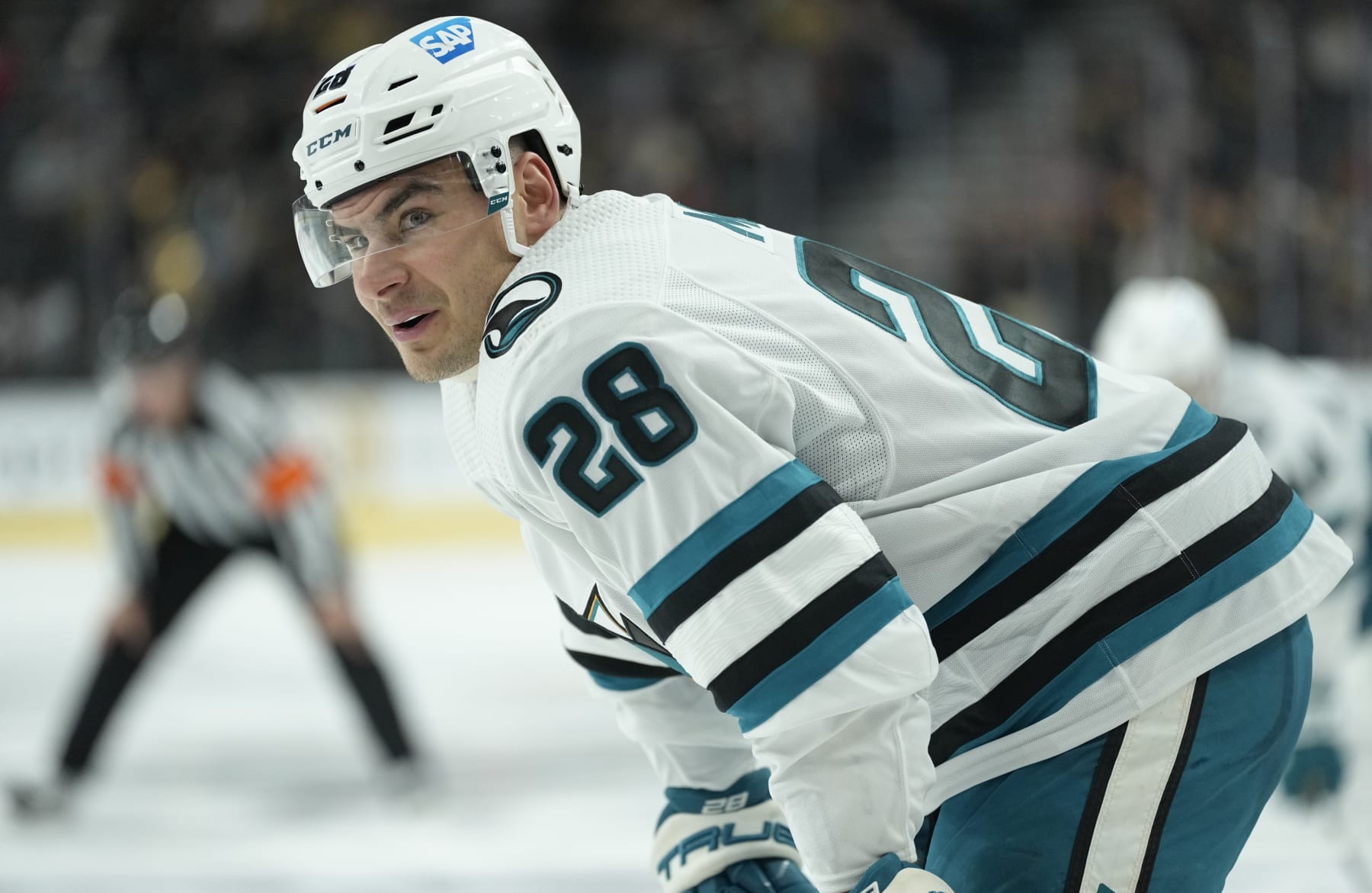 LAS VEGAS, NEVADA - FEBRUARY 16: Timo Meier #28 of the San Jose Sharks skates during the second period against the Vegas Golden Knights at T-Mobile Arena on February 16, 2023 in Las Vegas, Nevada. (Photo by Jeff Bottari/NHLI via Getty Images)