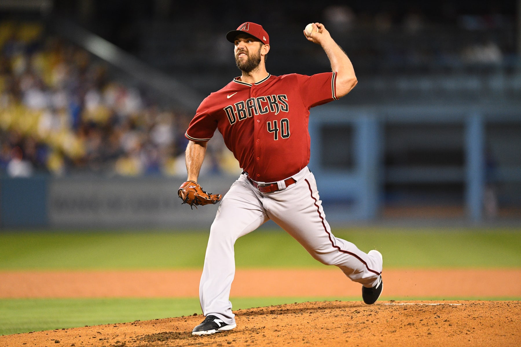 LOS ANGELES, CA - SEPTEMBER 21: Arizona Diamondbacks pitcher Madison Bumgarner (40) throws a pitch during the MLB game between the Arizona Diamondbacks and the Los Angeles Dodgers on September 21, 2022 at Dodger Stadium in Los Angeles, CA. (Photo by Brian Rothmuller/Icon Sportswire via Getty Images)