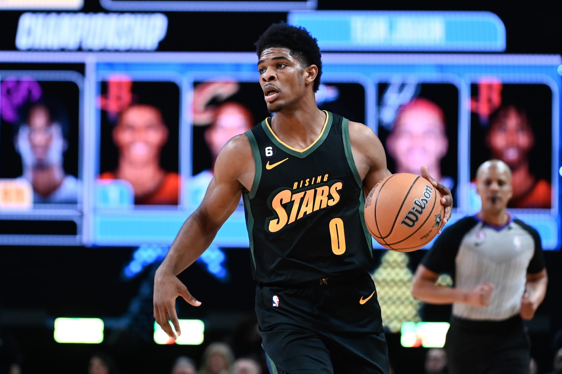 SALT LAKE CITY, UTAH - FEBRUARY 17: Scoot Henderson #0 of Team Jason in action during the Jordan Rising Stars Game as part of 2023 NBA All Star Weekend at Vivint Arena on February 17, 2023 in Salt Lake City, Utah. NOTE TO USER: User expressly acknowledges and agrees that, by downloading and or using this photograph, User is consenting to the terms and conditions of the Getty Images License Agreement. (Photo by Alex Goodlett/Getty Images)