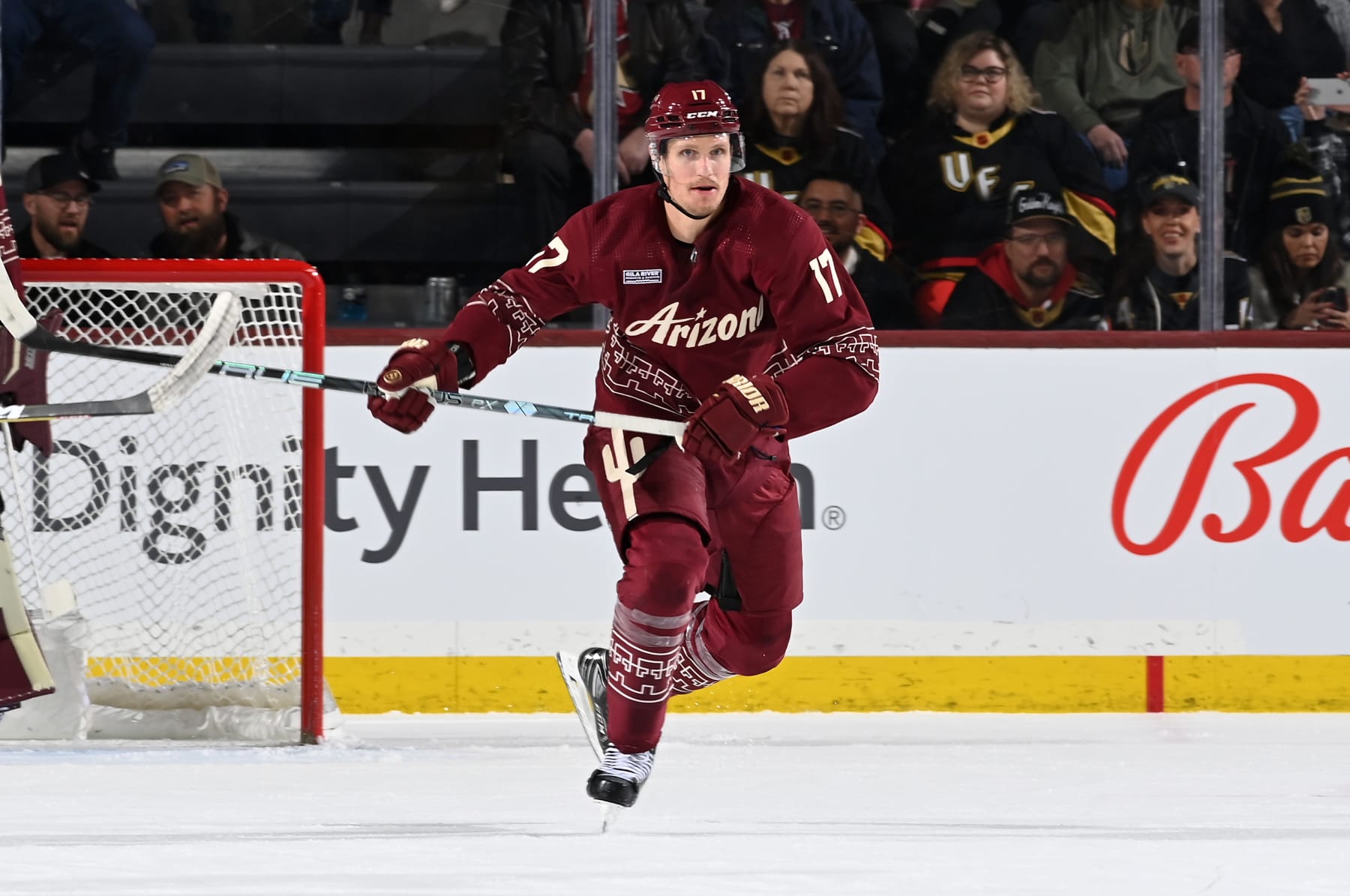 TEMPE, ARIZONA - JANUARY 22: Nick Bjugstad #17 of the Arizona Coyotes skates up ice against the Vegas Golden Knights at Mullett Arena on January 22, 2023 in Tempe, Arizona. (Photo by Norm Hall/NHLI via Getty Images)