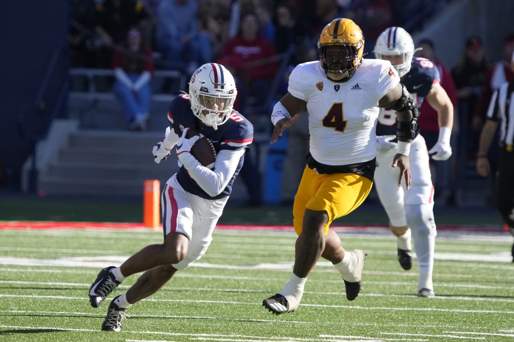 Arizona wide receiver Dorian Singer (5) in the second half during an NCAA college football game against Arizona State, Friday, Nov. 25, 2022, in Tucson, Ariz. Arizona won 38-35. (AP Photo/Rick Scuteri)