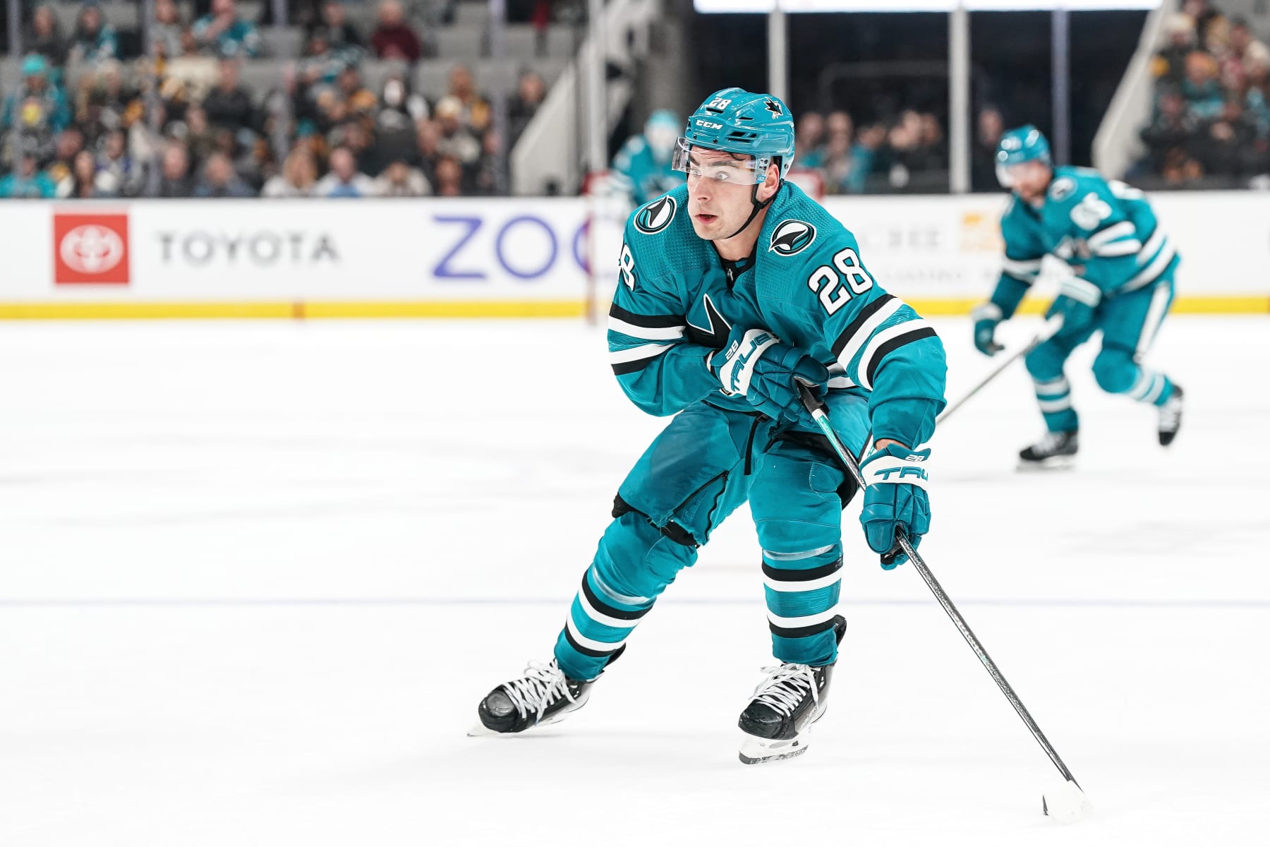SAN JOSE, CA - FEBRUARY 14: Timo Meier #28 of the San Jose Sharks skates ahead with the puck against the Pittsburgh Penguins at SAP Center on February 14, 2023 in San Jose, California. (Photo by Kavin Mistry/NHLI via Getty Images)