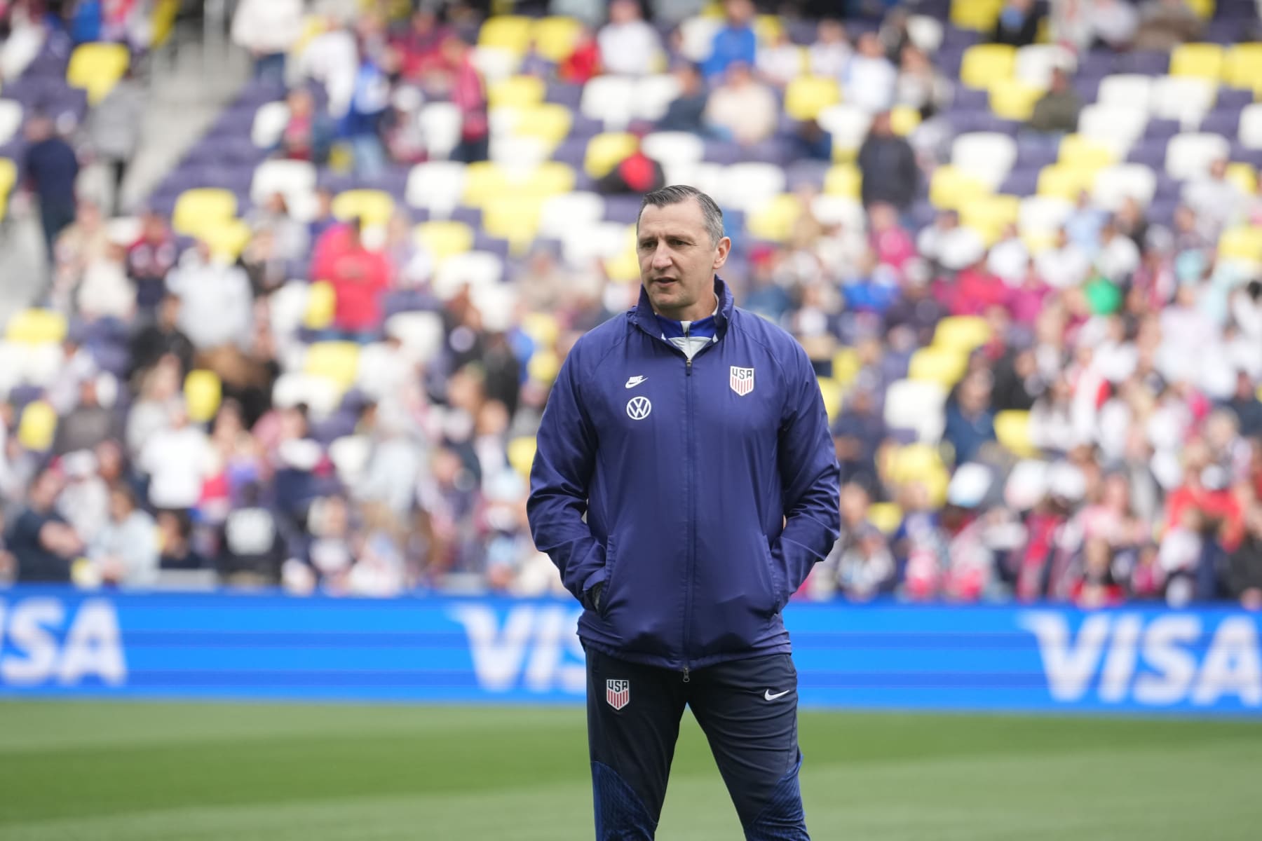 NASHVILLE, TN - FEBRUARY 19: USA head coach Vlatko Andonovski observing his USWNT warming up before the SheBelieves Cup game between Japan and USWNT at GEODIS Park on February 19, 2023 in Nashville, Tennessee. (Photo by Brad Smith/ISI Photos/Getty Images)
