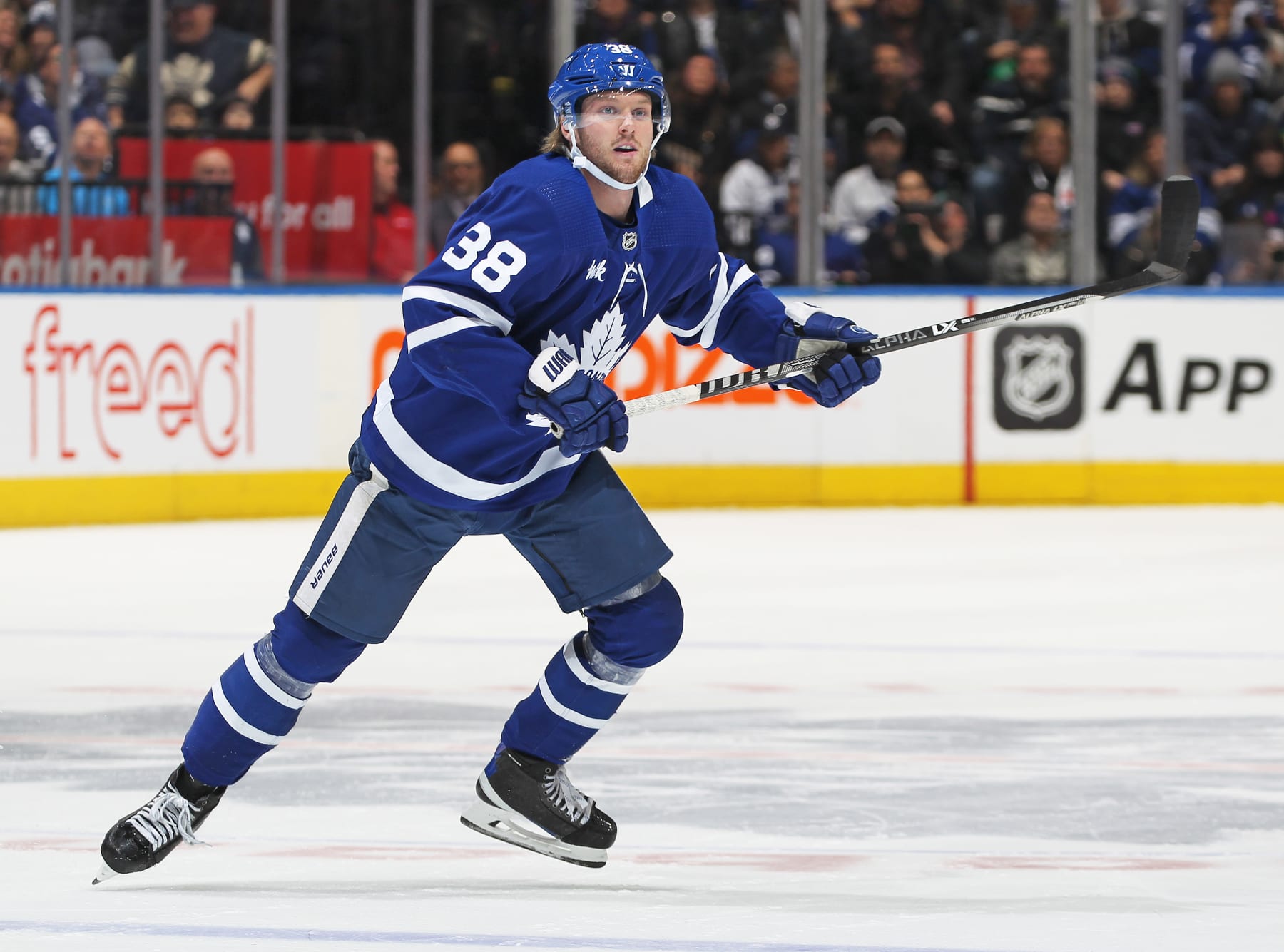 TORONTO, CANADA - JANUARY 25: Rasmus Sandin #38 of the Toronto Maple Leafs skates against the New York Rangers during an NHL game at Scotiabank Arena on January 25, 2023 in Toronto, Ontario, Canada. The Maple Leafs defeated the Rangers 3-2 in overtime. (Photo by Claus Andersen/Getty Images)