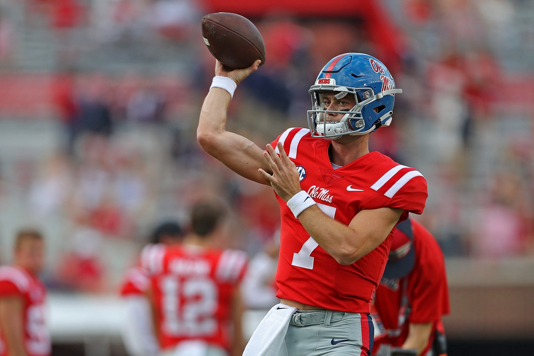 OXFORD, MISSISSIPPI - SEPTEMBER 10: Luke Altmyer #7 of the Mississippi Rebels warms up before the game against the Central Arkansas Bears at Vaught-Hemingway Stadium on September 10, 2022 in Oxford, Mississippi. (Photo by Justin Ford/Getty Images)