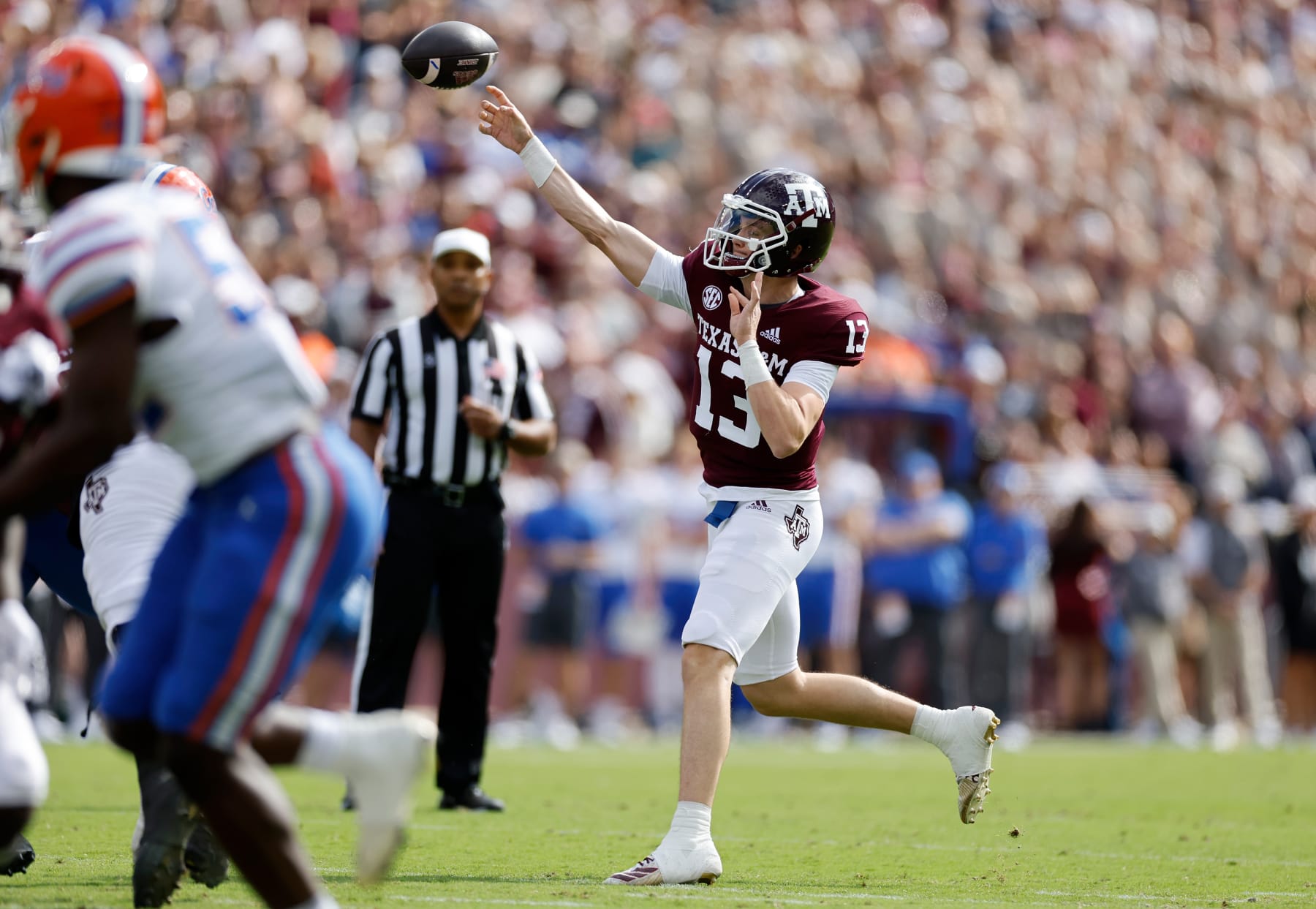 COLLEGE STATION, TEXAS - NOVEMBER 05: Haynes King #13 of the Texas A&M Aggies throws a pass in the first quarter against the Florida Gators at Kyle Field on November 05, 2022 in College Station, Texas. (Photo by Tim Warner/Getty Images)