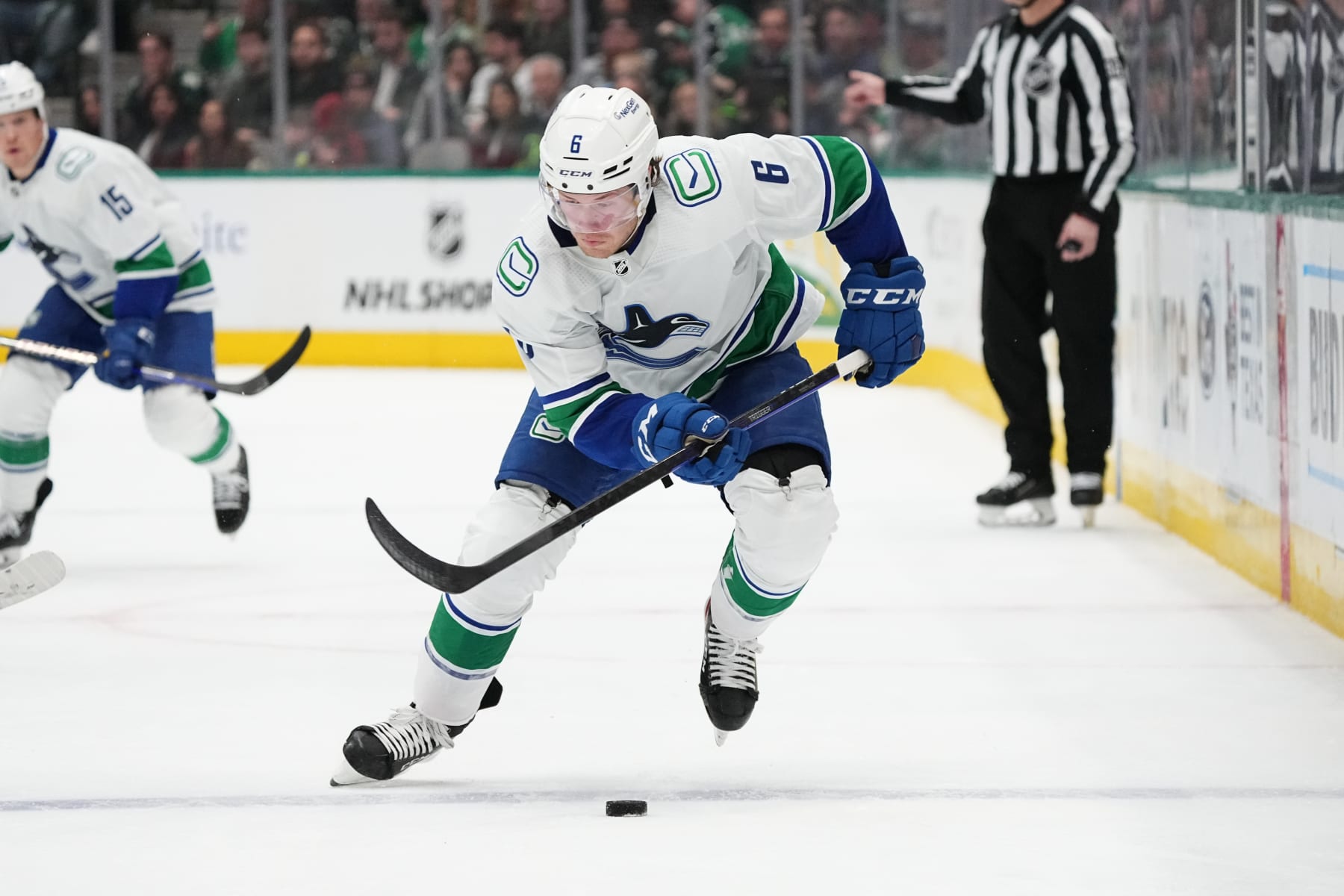 DALLAS, TX - FEBRUARY 27: Brock Boeser #6 of the Vancouver Canucks skates against the Dallas Stars at the American Airlines Center on February 27, 2023 in Dallas, Texas. (Photo by Glenn James/NHLI via Getty Images)