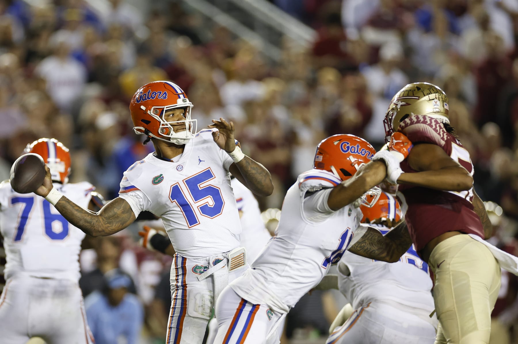 TALLAHASSEE, FL - NOVEMBER 25: Florida Gators quarterback Anthony Richardson (15) throws a pass during the game between the Florida Gators and the Florida State Seminoles on November 25, 2022 at Doak Campbell Stadium in Tallahassee, Fl. (Photo by David Rosenblum/Icon Sportswire via Getty Images)