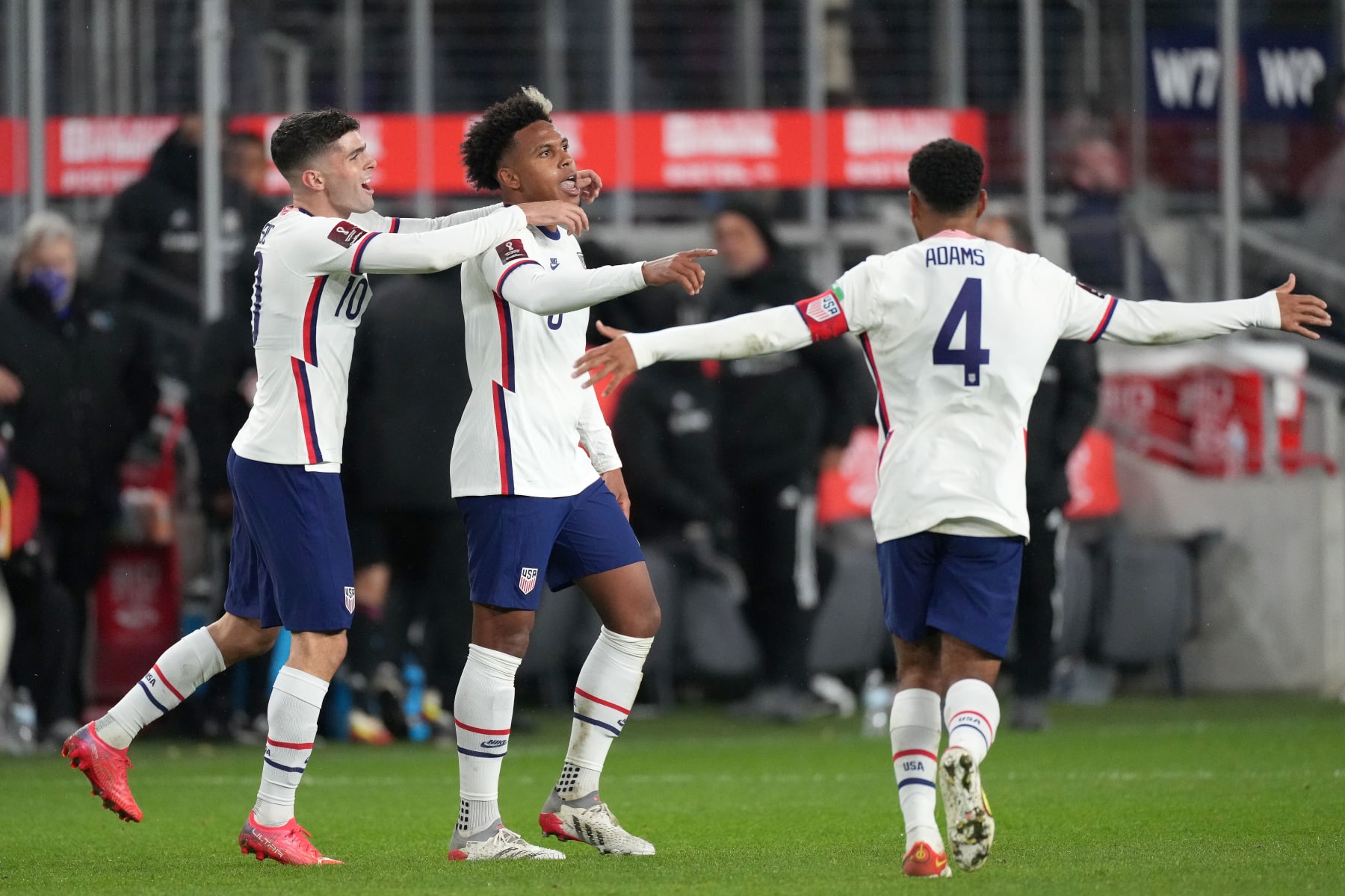CINCINNATI, OH - NOVEMBER 12: United States midfielder Weston McKennie (8) celebrates with forward Christian Pulisic (10), midfielder Tyler Adams (4) and teammates after scoring a goal during a CONCACAF World Cup Qualifying game between the United States and Mexico on November 12, 2021 at TQL Stadium in Cincinnati, OH. (Photo by Robin Alam/Icon Sportswire via Getty Images)