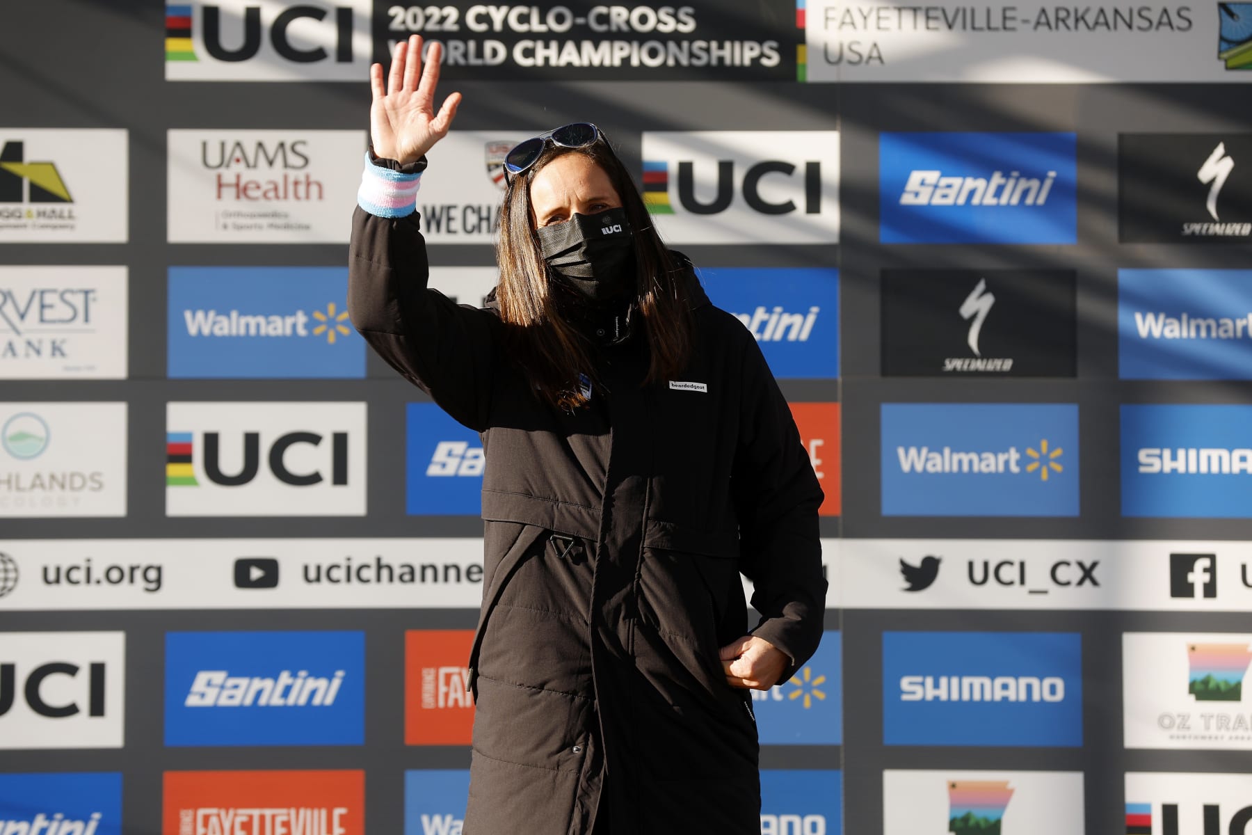 FAYETTEVILLE, ARKANSAS - JANUARY 30: Katerina Nash on the podium ceremony after the 73rd UCI Cyclo-Cross World Championships Fayetteville 2022 - Men's Elite / #Fayetteville2022 / on January 30, 2022 in Fayetteville, Arkansas. (Photo by Chris Graythen/Getty Images)