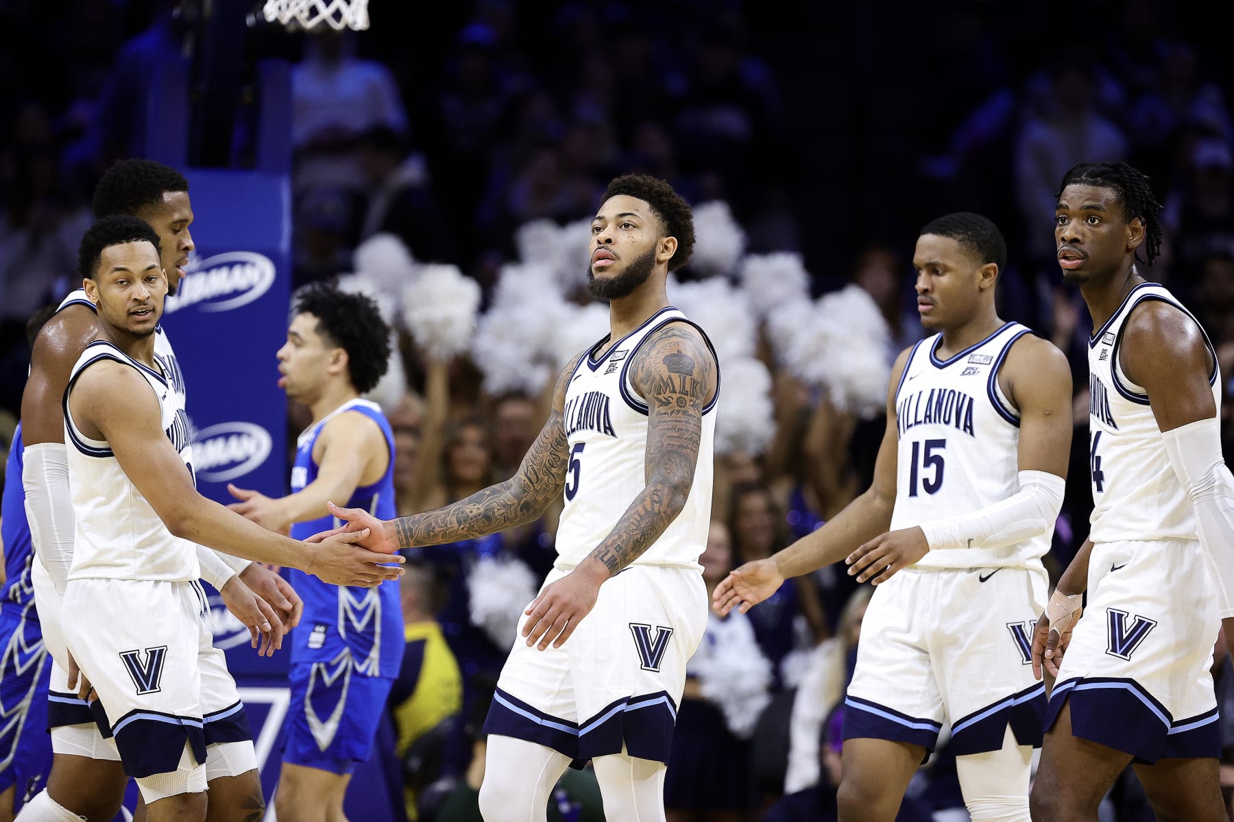 PHILADELPHIA, PENNSYLVANIA - FEBRUARY 25: Justin Moore #5 of the Villanova Wildcats looks on during the first half against the Creighton Bluejays at Wells Fargo Center on February 25, 2023 in Philadelphia, Pennsylvania. (Photo by Tim Nwachukwu/Getty Images)