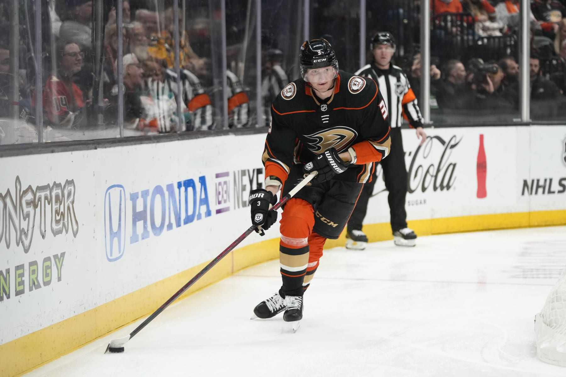 Anaheim Ducks' John Klingberg moves the puck during the first period of an NHL hockey game against the Pittsburgh Penguins Friday, Feb. 10, 2023, in Anaheim, Calif. (AP Photo/Jae C. Hong)