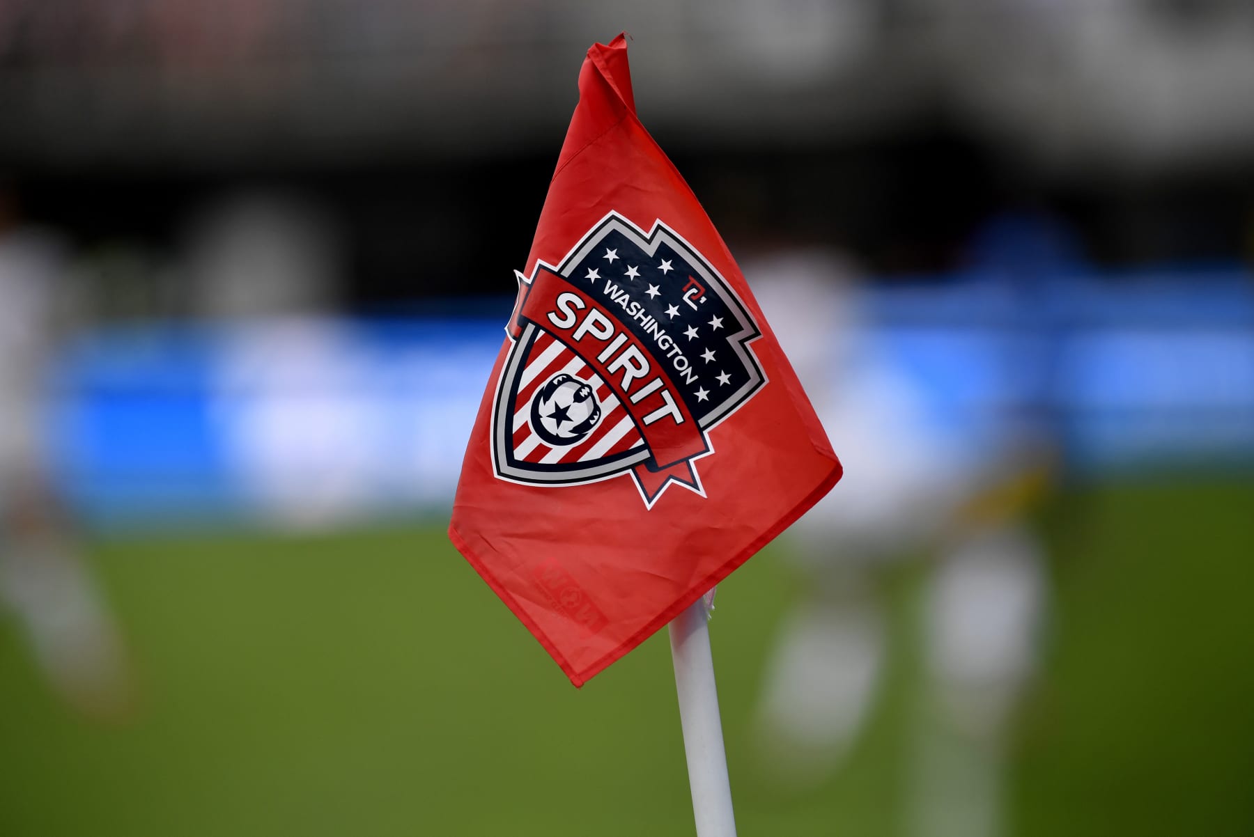 WASHINGTON, DC - AUGUST 22: A red soccer corner flag with the Washington Spirit shield logo on it is shown in close up during the NWSL game between Orlando Pride and Washington Spirit August 22, 2021 at Audi Field in Washington, DC. (Photo by Randy Litzinger/Icon Sportswire via Getty Images)