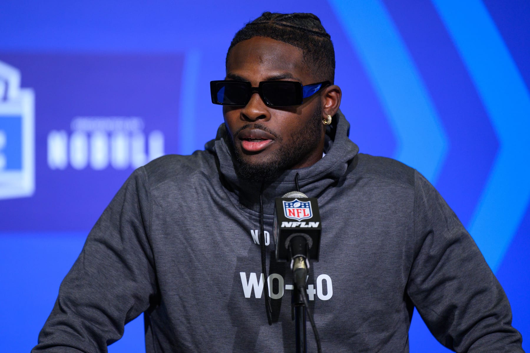 INDIANAPOLIS, IN - MARCH 03: Michigan State wide receiver Jayden Reed answers questions from the media during the NFL Scouting Combine on March 3, 2023, at the Indiana Convention Center in Indianapolis, IN. (Photo by Zach Bolinger/Icon Sportswire via Getty Images)