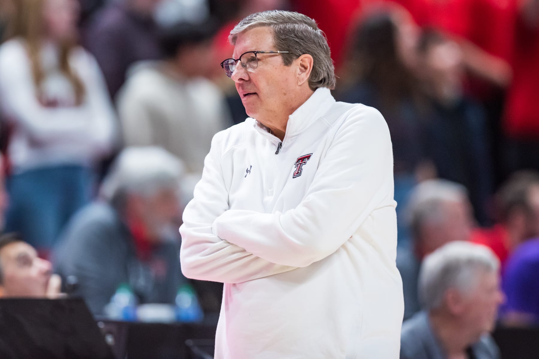 LUBBOCK, TEXAS - FEBRUARY 11: Head coach Mark Adams of the Texas Tech Red Raiders looks to the bench during the second half of the college basketball game against the Kansas State Wildcats at United Supermarkets Arena on February 11, 2023 in Lubbock, Texas. (Photo by John E. Moore III/Getty Images)