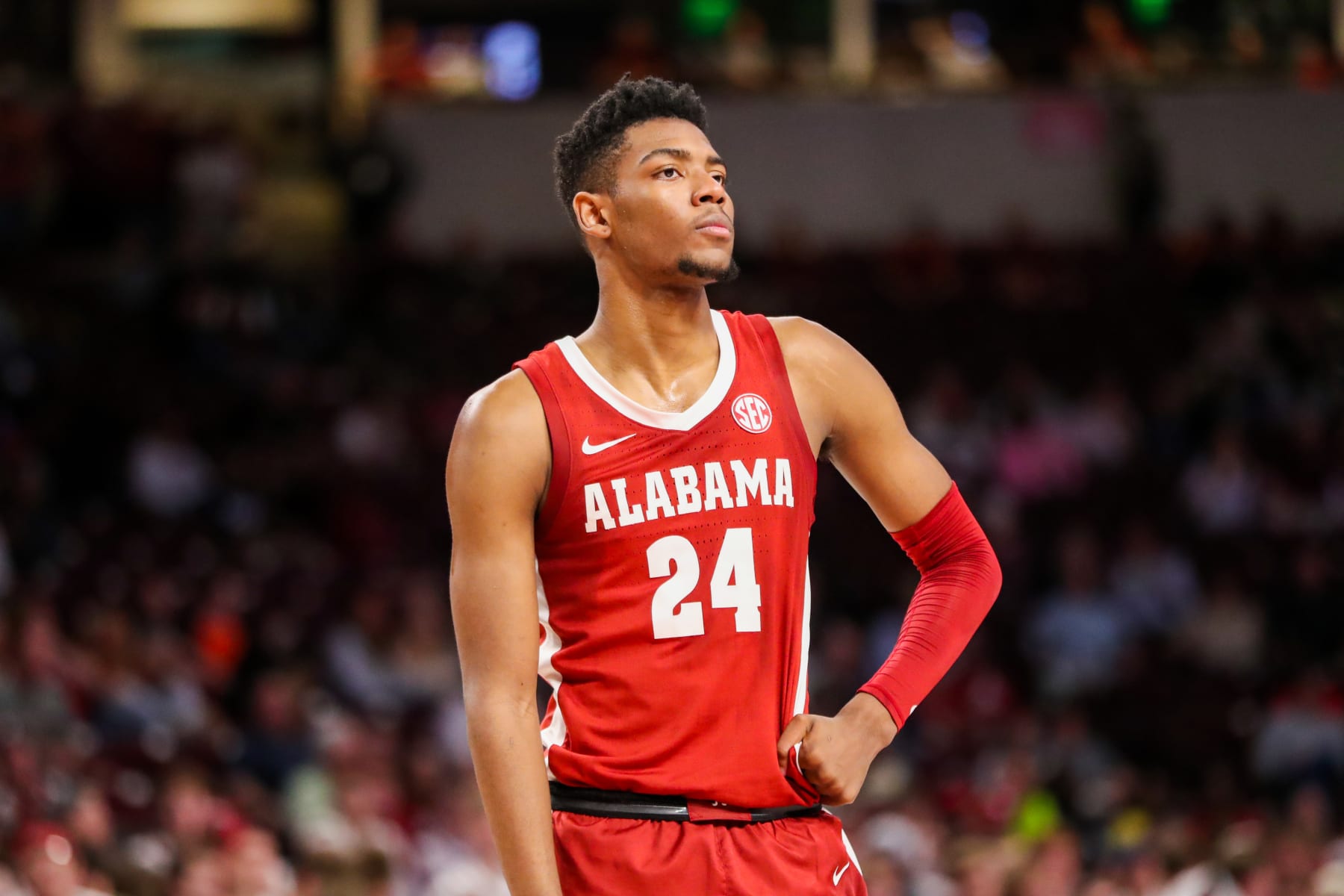COLUMBIA, SC - FEBRUARY 22: Brandon Miller (24) of the Alabama Crimson Tide looks into the distance during a basketball game against the South Carolina Gamecocks on February 22, 2023 at Colonial Life Arena in Columbia, SC. (Photo by David Jensen/Icon Sportswire via Getty Images)