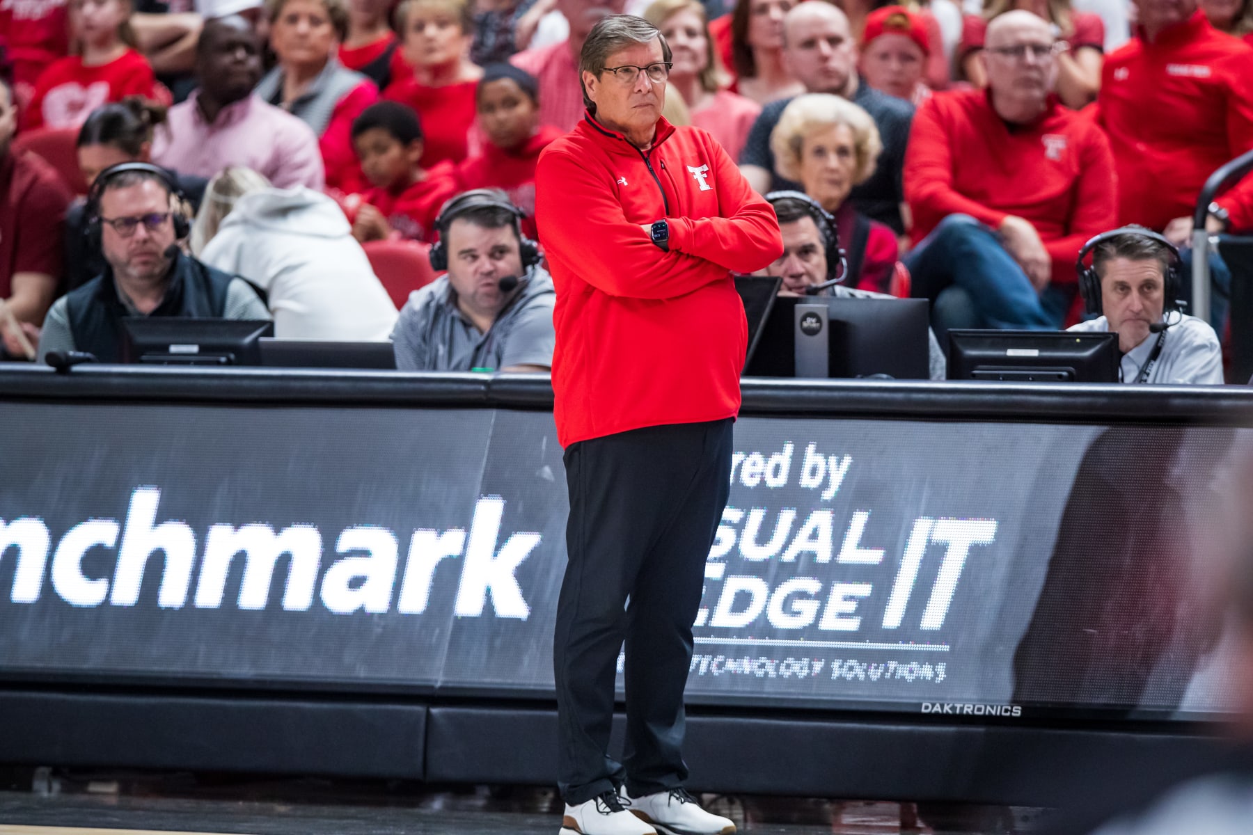 LUBBOCK, TEXAS - MARCH 04: Head coach Mark Adams of the Texas Tech Red Raiders looks on during the first half of the college basketball game against the Oklahoma State Cowboys at United Supermarkets Arena on March 04, 2023 in Lubbock, Texas. (Photo by John E. Moore III/Getty Images)