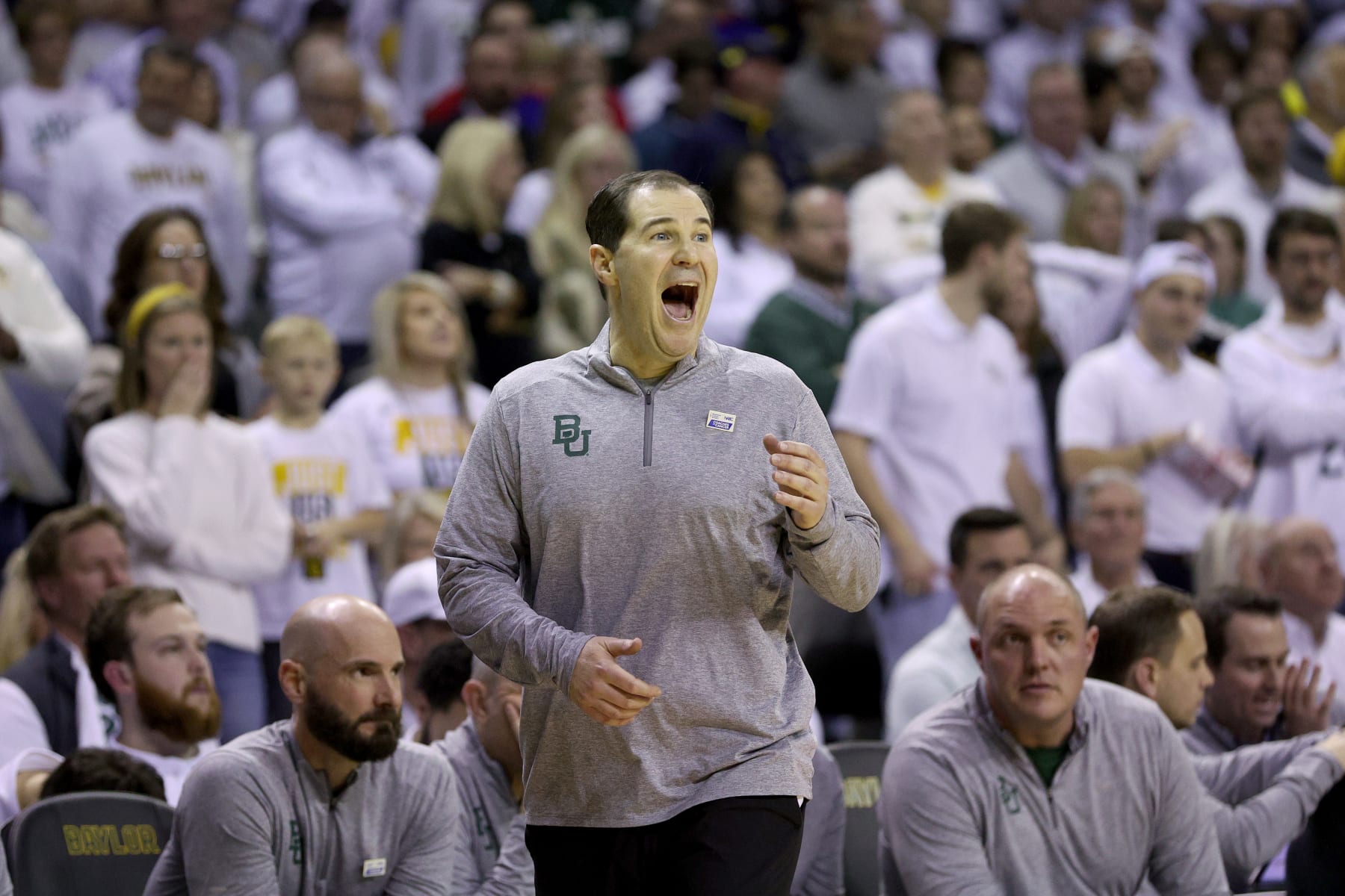 WACO, TEXAS - JANUARY 23: Head coach Scott Drew of the Baylor Bears leads the Bears against the Kansas Jayhawks in the first half at Ferrell Center on January 23, 2023 in Waco, Texas. (Photo by Tom Pennington/Getty Images)