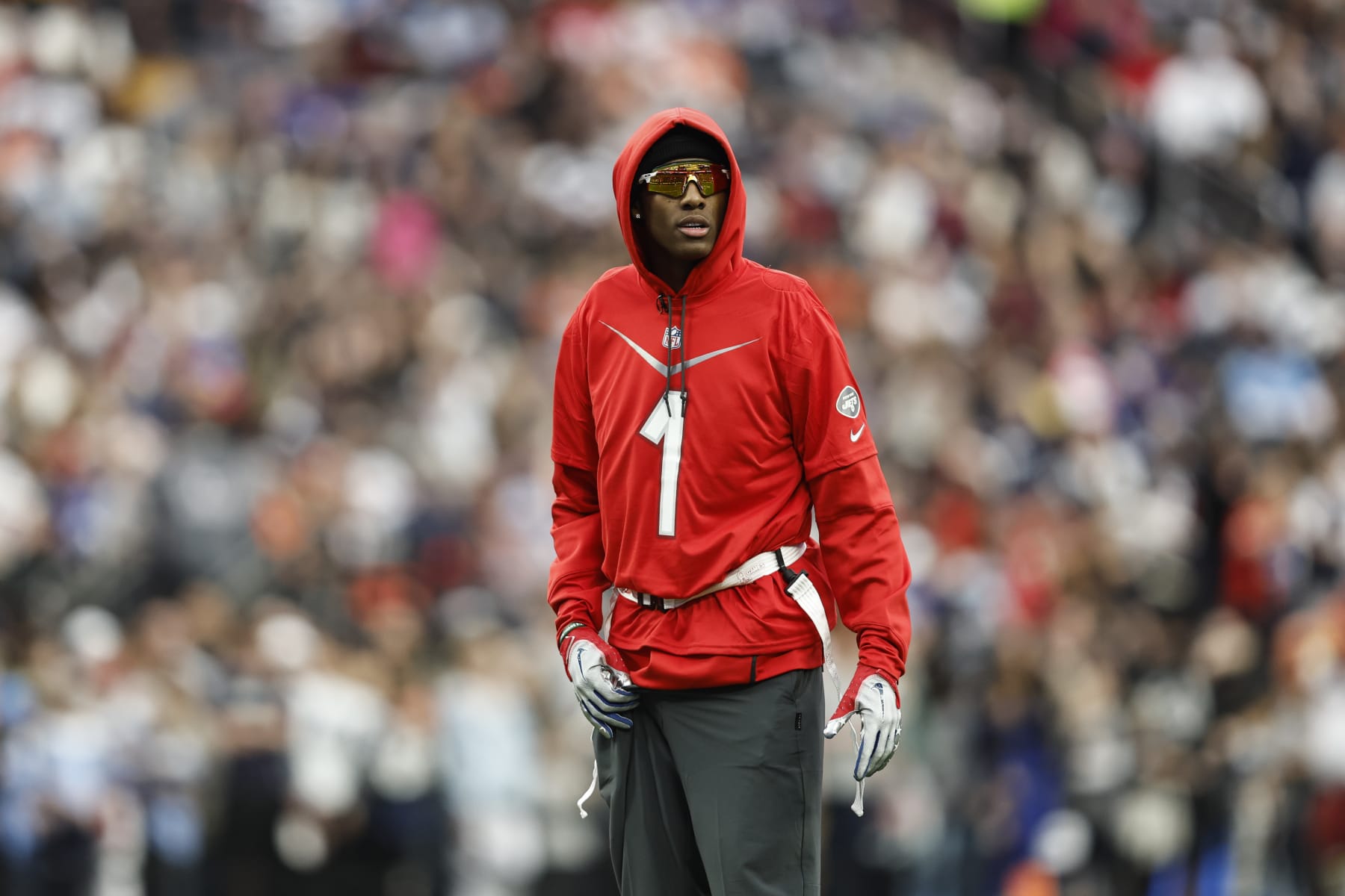 LAS VEGAS, NEVADA - FEBRUARY 05: LAS VEGAS, NEVADA - FEBRUARY 05: AFC cornerback Sauce Gardner #1 of the New York Jets looks on during an NFL Pro Bowl football game at Allegiant Stadium on February 05, 2023 in Las Vegas, Nevada. (Photo by Michael Owens/Getty Images)