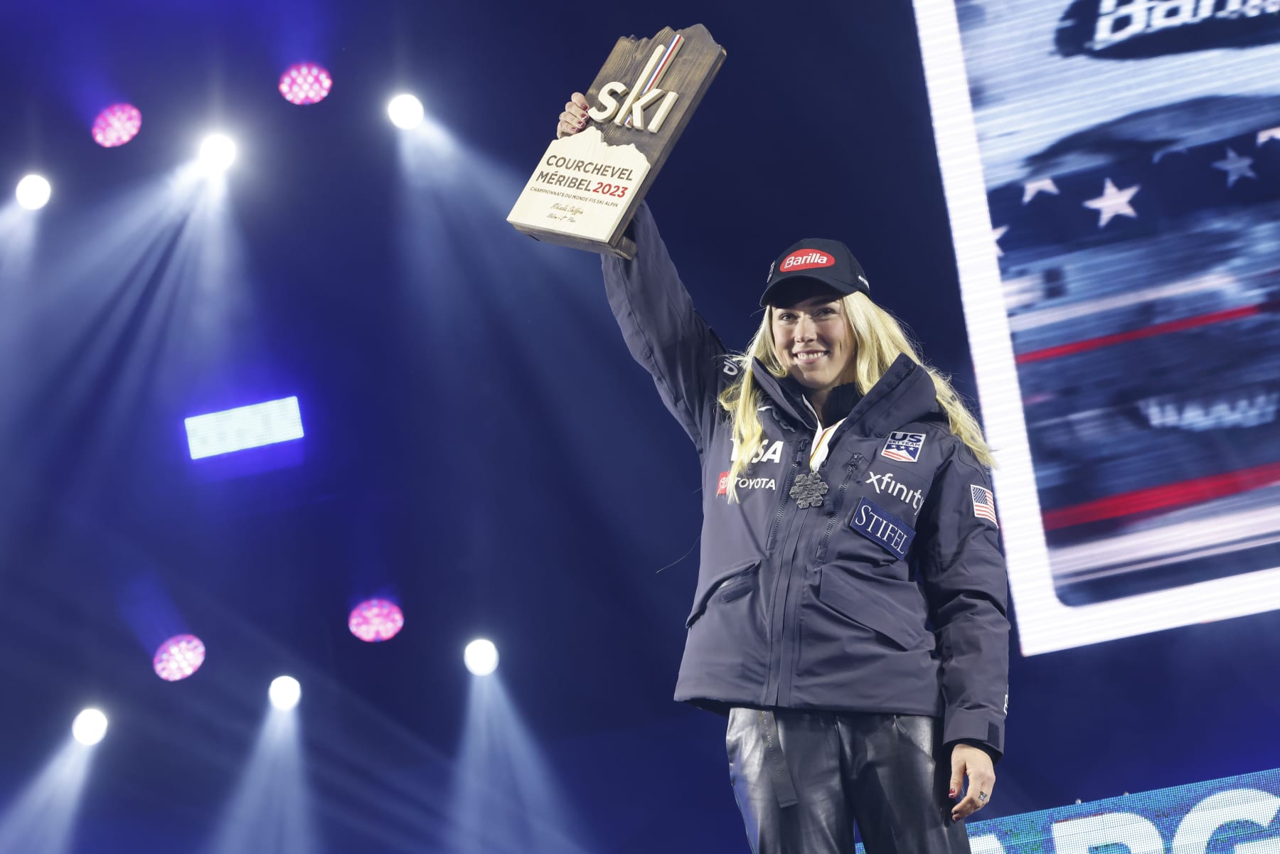 COURCHEVEL MERIBEL, FRANCE - FEBRUARY 18: Mikaela Shiffrin of Team United States wins the silver medal during the FIS Alpine World Cup Championships Women's Slalom on February 18, 2023 in Courchevel Meribel, France. (Photo by Christophe Pallot/Agence Zoom/Getty Images)