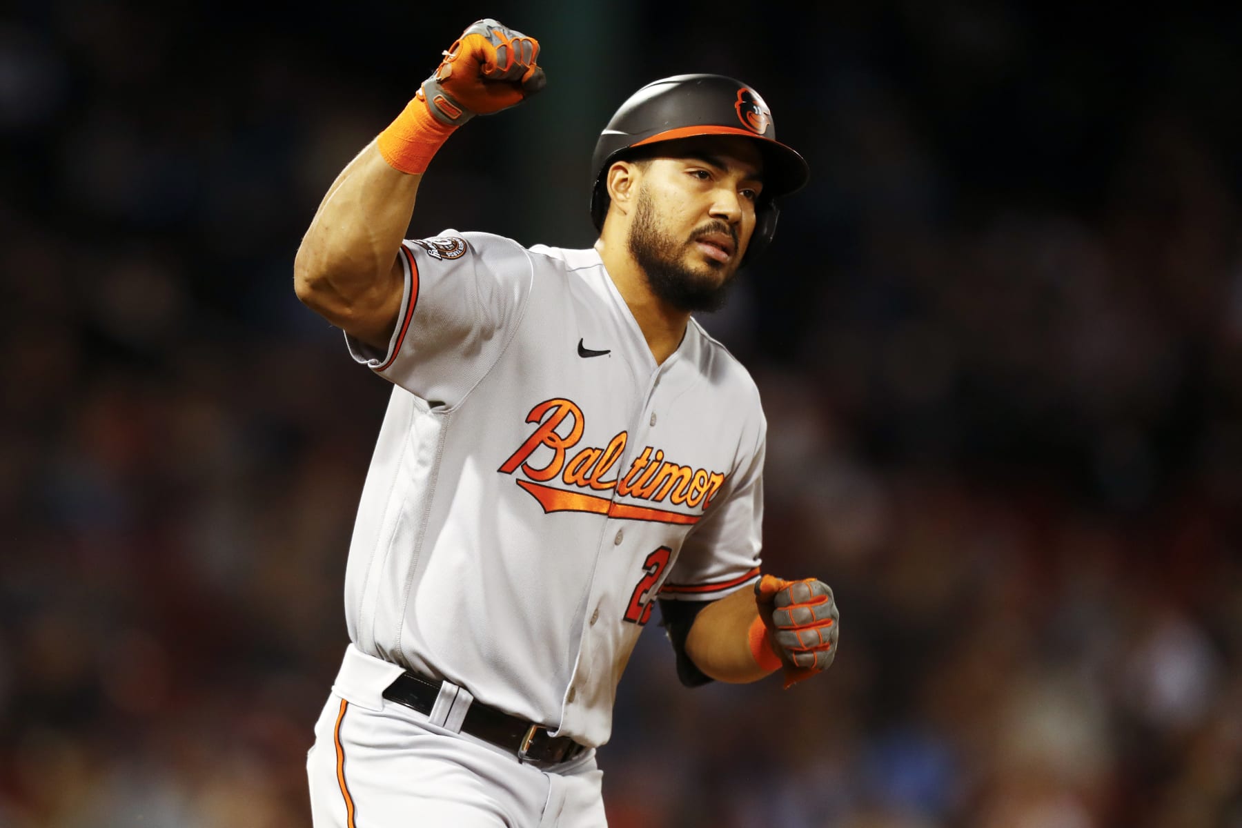 BOSTON, MASSACHUSETTS - SEPTEMBER 27: Anthony Santander #25 of the Baltimore Orioles reacts after hitting an RBI home run at the top of the fourth inning of the game against the Boston Red Sox at Fenway Park on September 27, 2022 in Boston, Massachusetts. (Photo by Omar Rawlings/Getty Images)